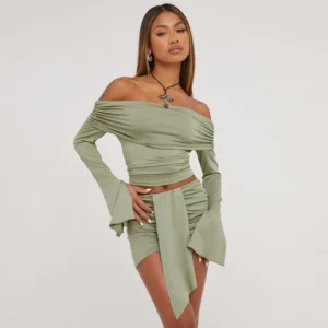 olive bardot top and skirt set with flared sleeve