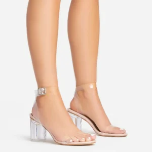 block heels with clear perspex strap and nude sole