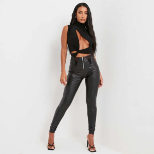 High Waist Mesh Insert Contour Leggings in Faux Leather