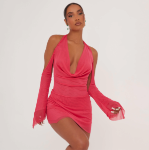 Halterneck Drape Detail Cold Shoulder Mini Dress