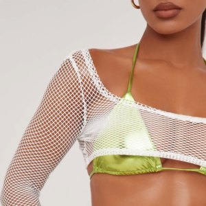 white cropped fishnet top over green bikini