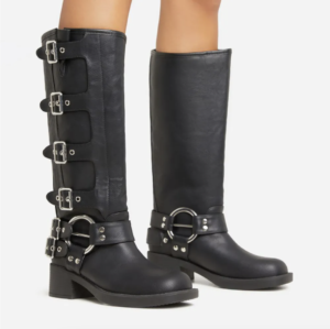 BUCKLE-DOWN SIDE BUCKLE DETAIL MID CALF BIKER BOOT IN BLACK FAUX LEATHER