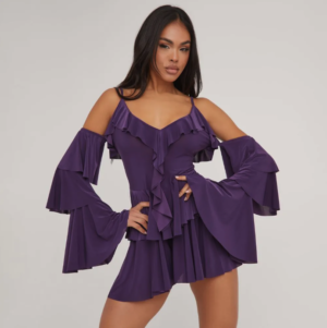 Cold shoulder plunge frill purple playsuit