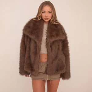 Oversized Collar Detail Jacket In Chocolate Brown Faux Fur