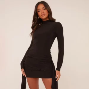 Long Sleeve High Neck Wrap Waist Detail Mini Bodycon Dress In Black Slinky