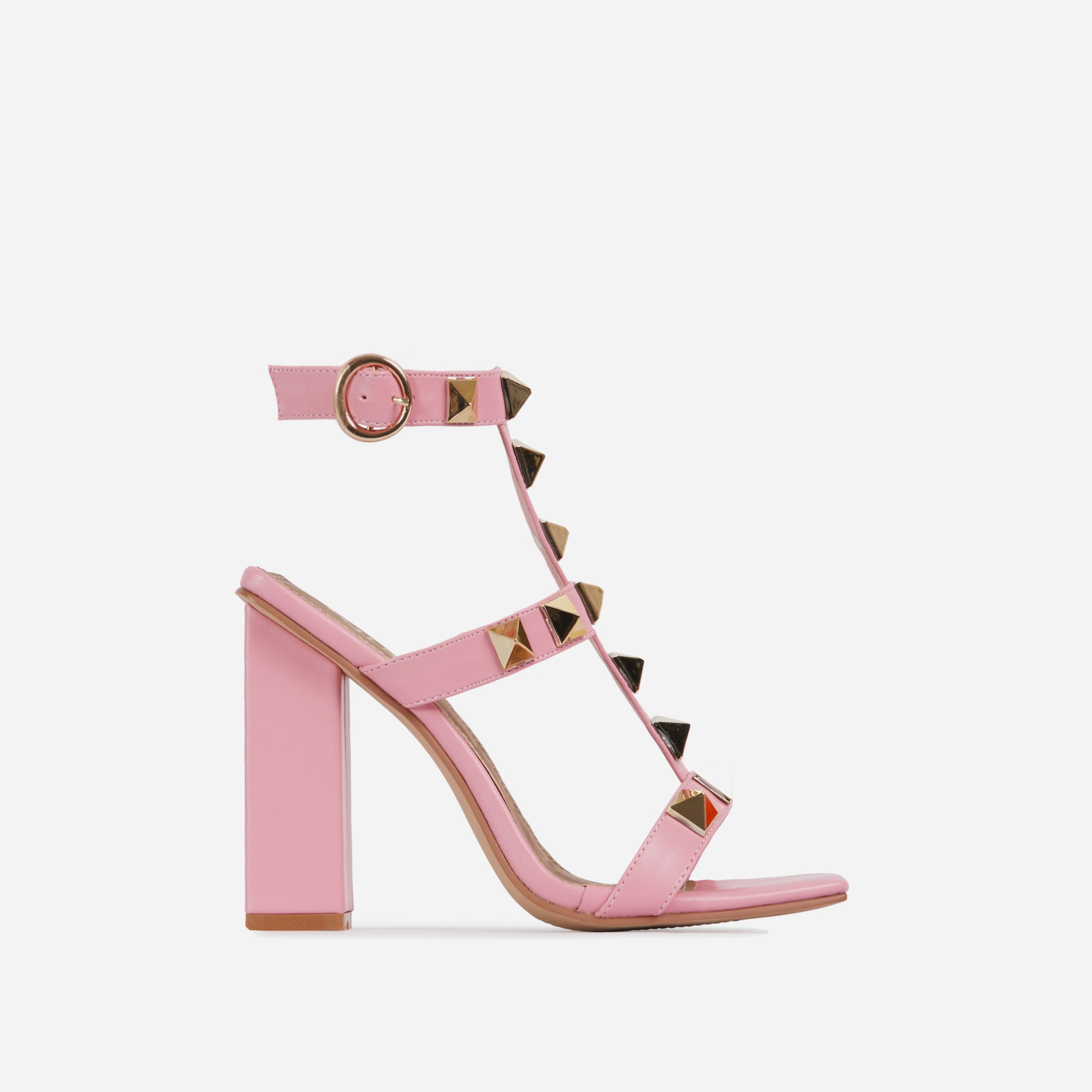 Malaga Studded Detail Caged Square Toe Block Heel In Pink Faux Leather, Pink (EGO SHOES)