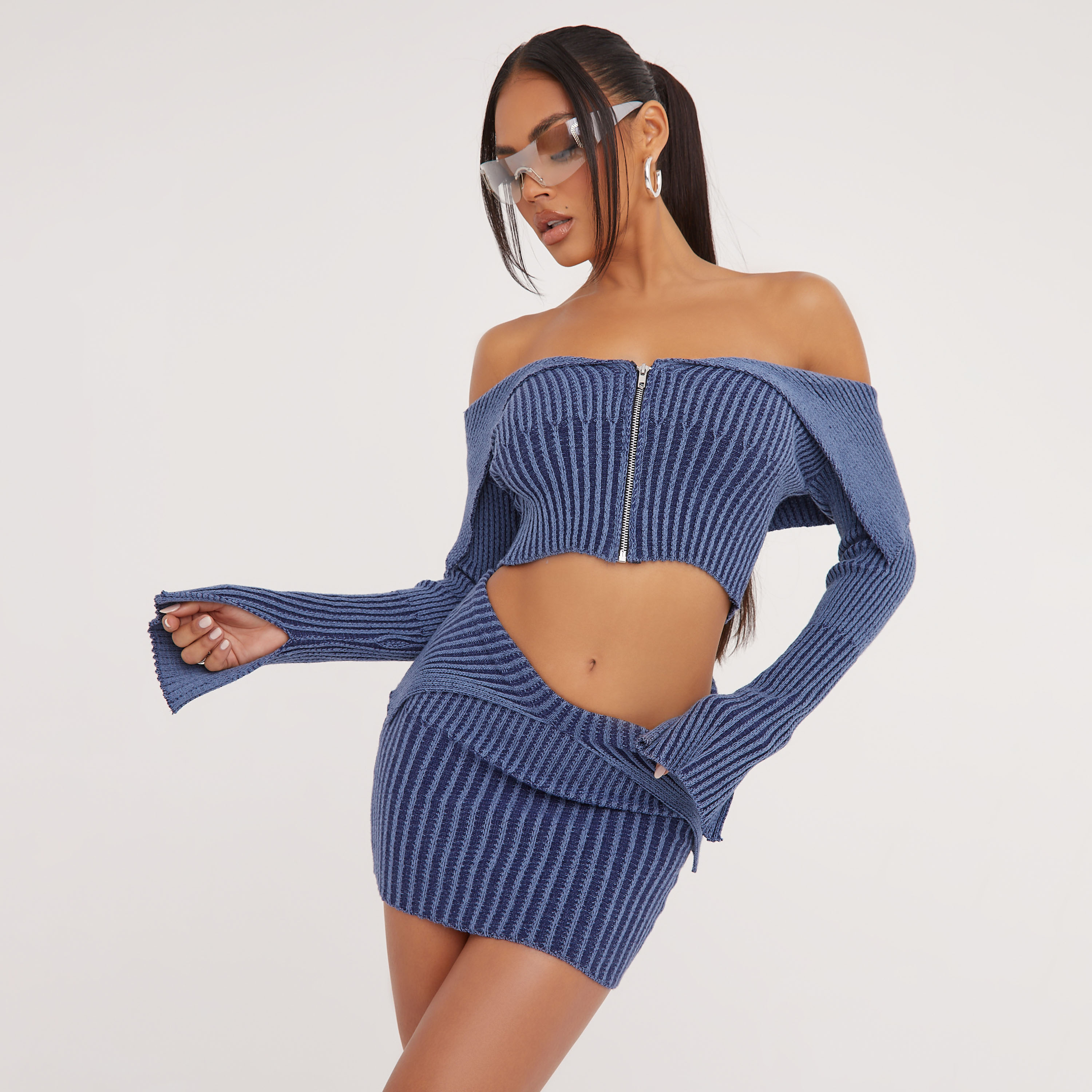 Long Sleeve Fold Over Detail Zip Front Contrast Crop Top In Blue