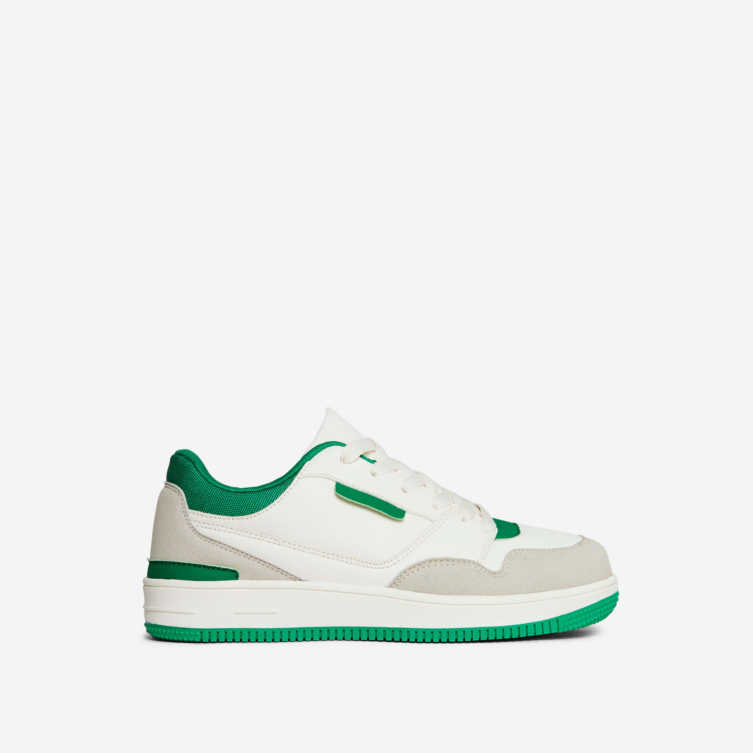 Runaway Lace Up Chunky Sole Trainer In White And Green Faux Leather, Green (EGO SHOES)