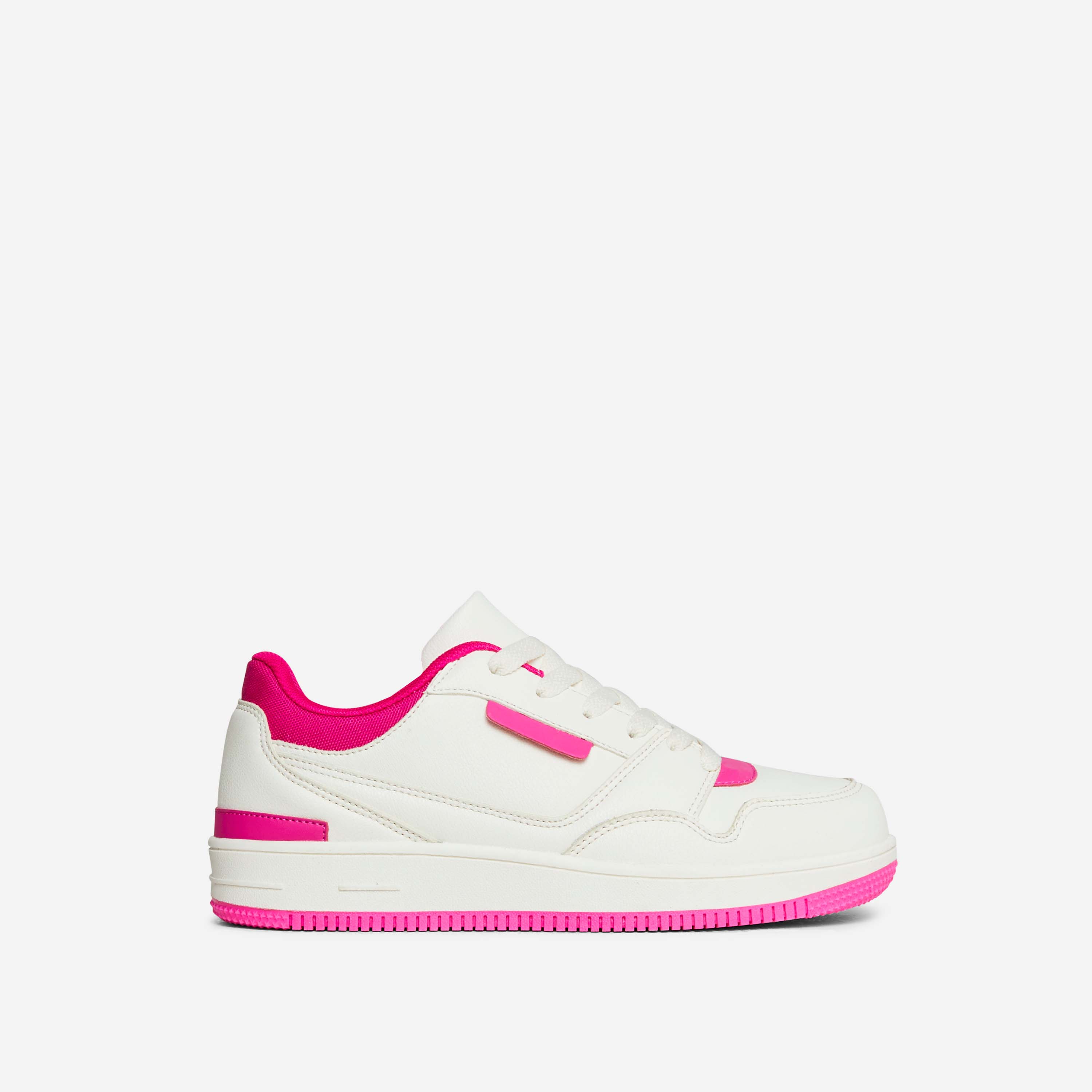 Runaway Lace Up Chunky Sole Trainer In White And Pink Faux Leather, Pink (EGO SHOES)