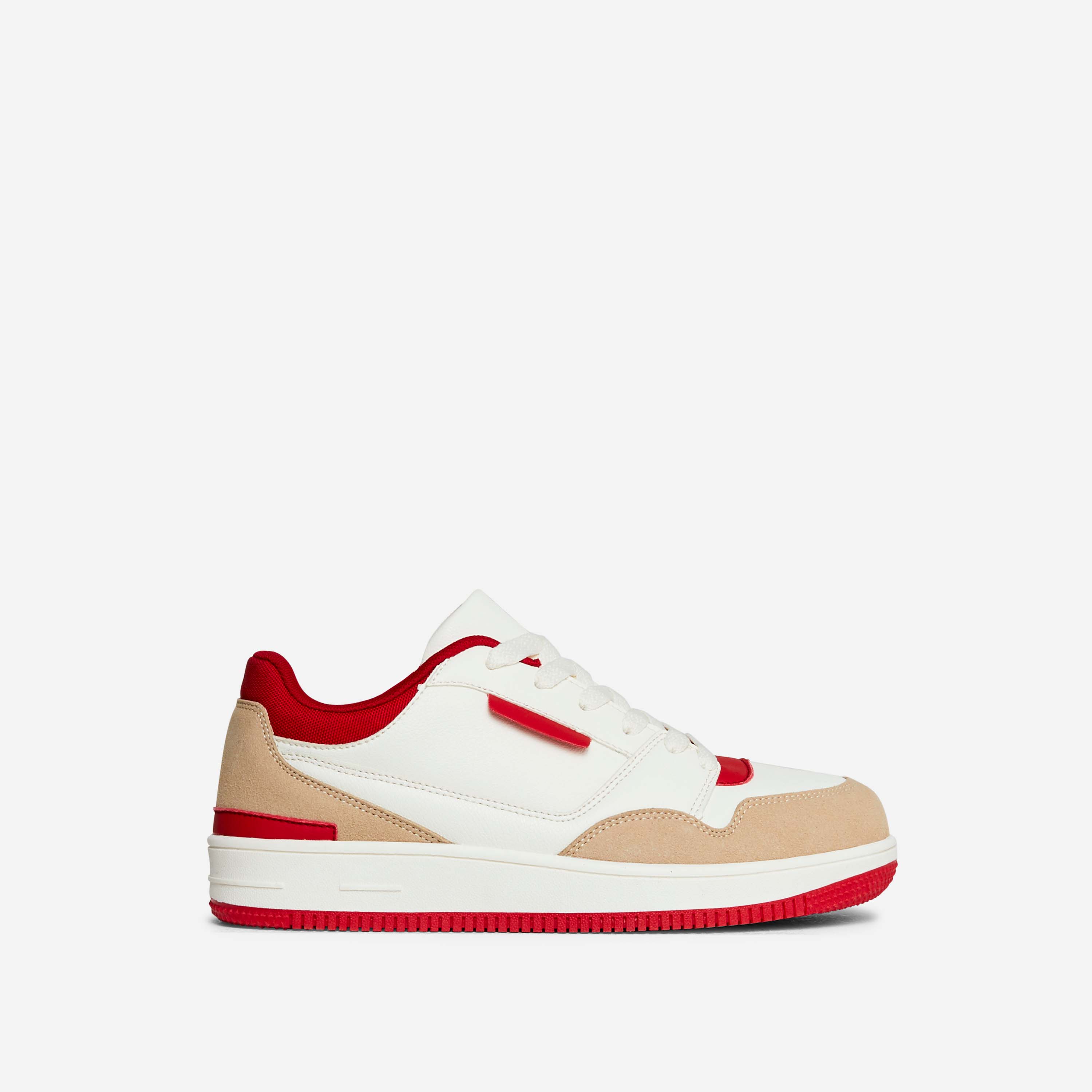 Runaway Lace Up Chunky Sole Trainer In White And Red Faux Leather, Red (EGO SHOES)