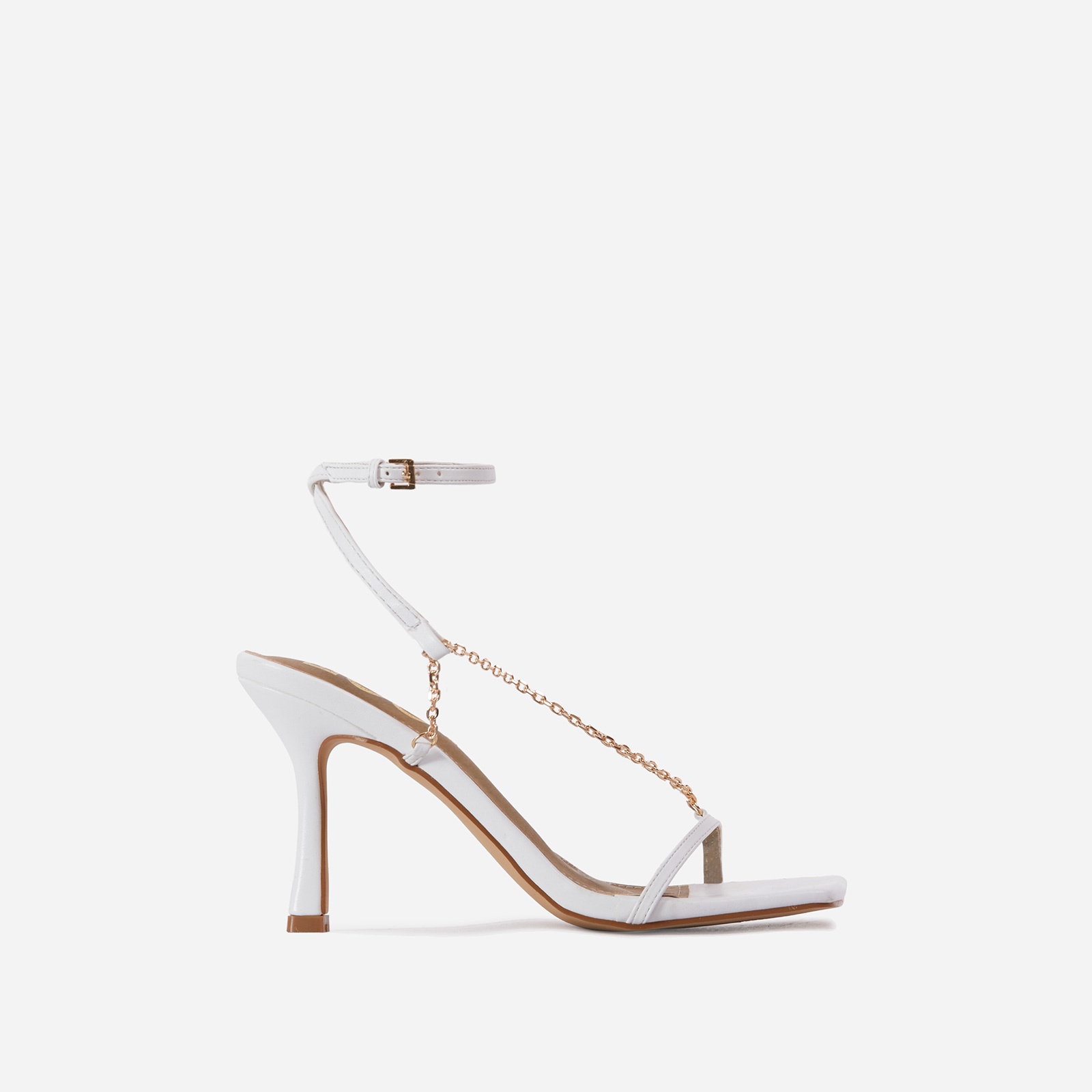 The-Muse Chain Detail Strappy Square Toe Heel In White Faux Leather, White (EGO SHOES)