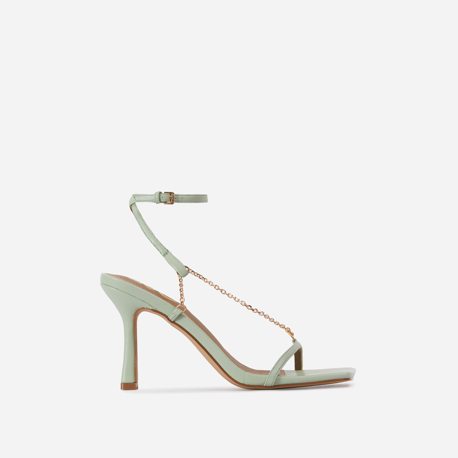 The-Muse Chain Detail Strappy Square Toe Heel In Mint Green Faux Leather, Green (EGO SHOES)