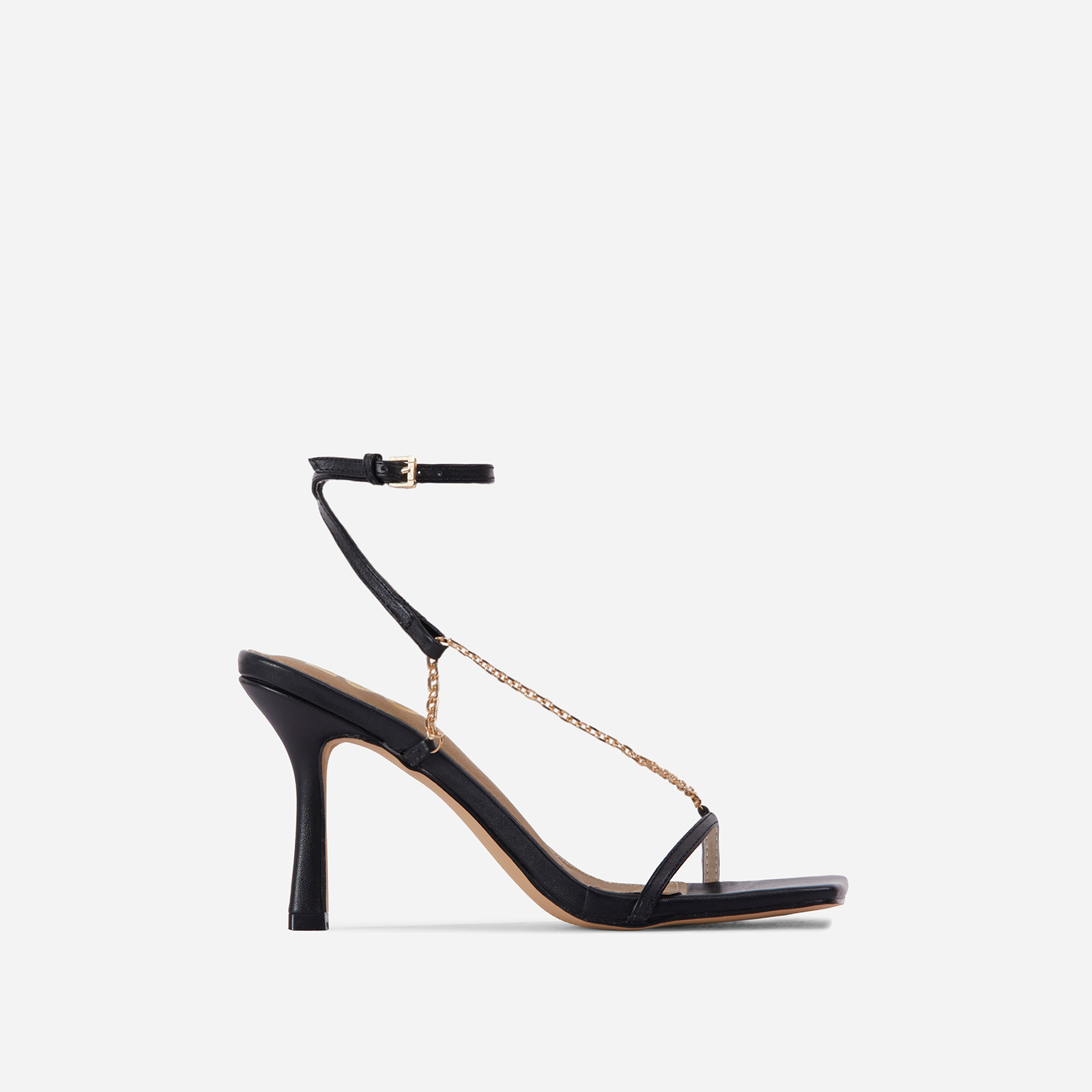 The-Muse Chain Detail Strappy Square Toe Heel In Black Faux Leather, Black (EGO SHOES)