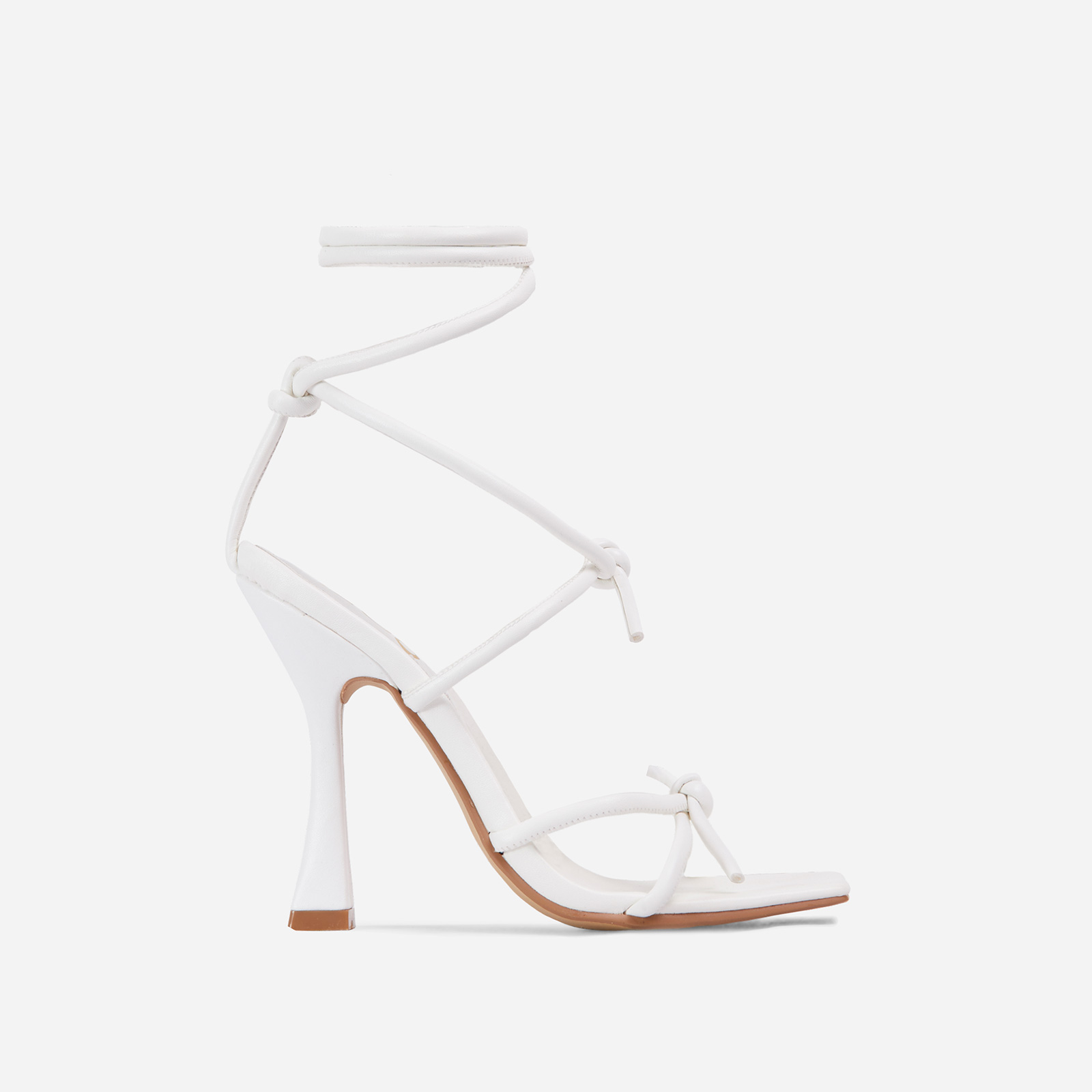 Heads-Up Knotted Detail Lace Square Toe Flared Block Heel In White Faux Leather, White (EGO SHOES)