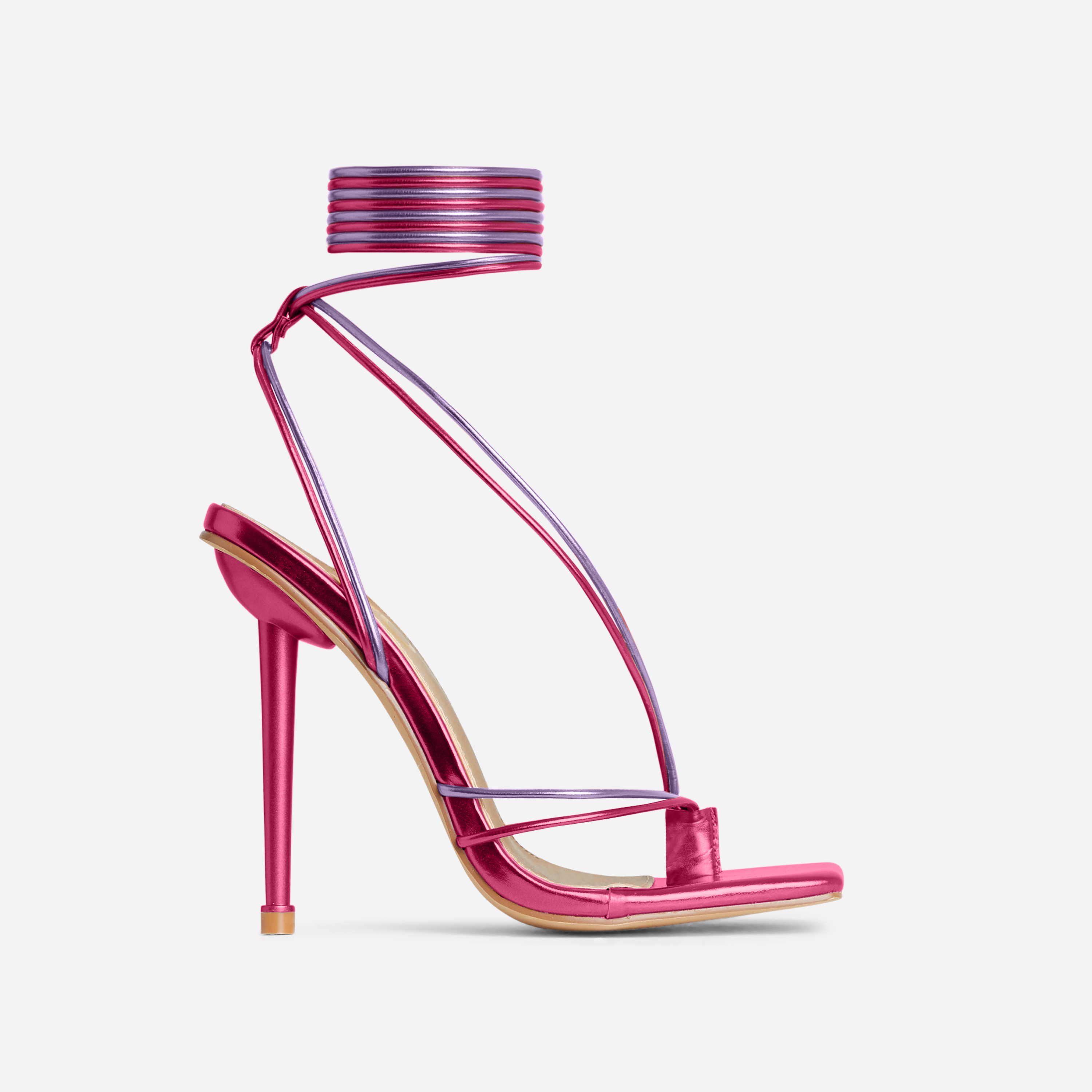 Gaite Wide Fit Lace Up Strappy Square Toe Stiletto Statement Heel In Pink Metallic Faux Leather, Pink (EGO SHOES)