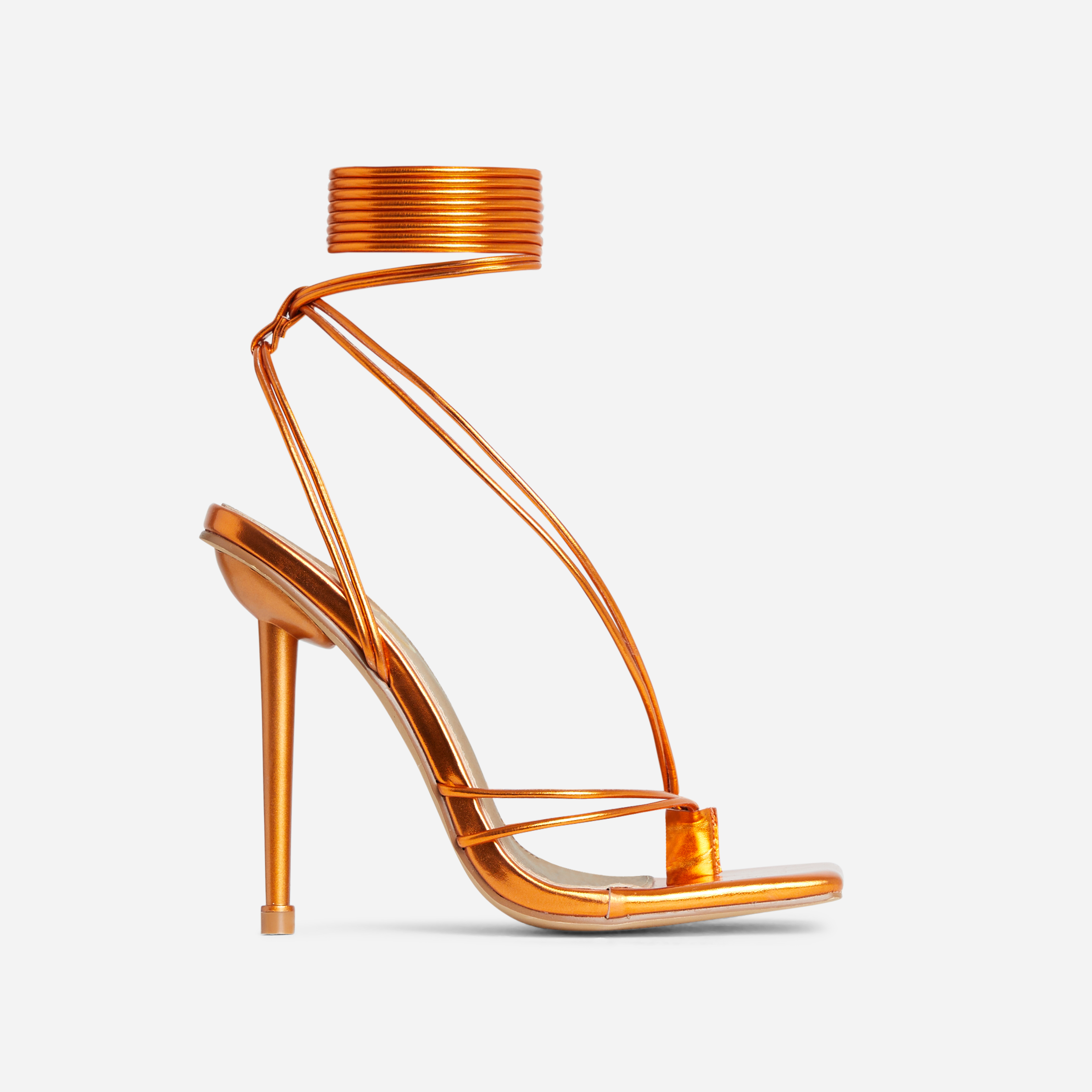 Gaite Wide Fit Lace Up Strappy Square Toe Stiletto Statement Heel In Orange Metallic Faux Leather, Orange (EGO SHOES)