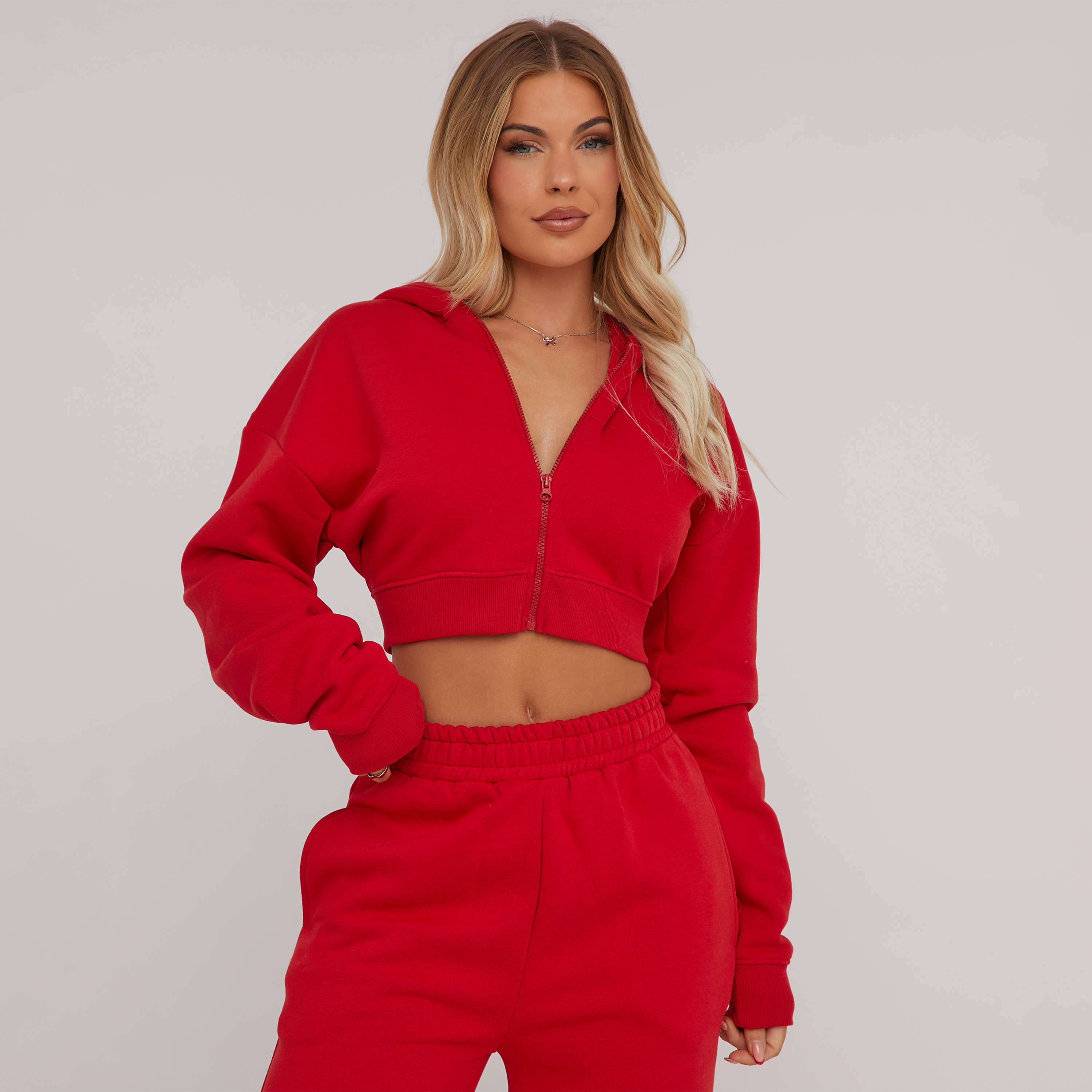 Long Sleeve Oversized Zip Detail Cropped Hoodie In Red EGO