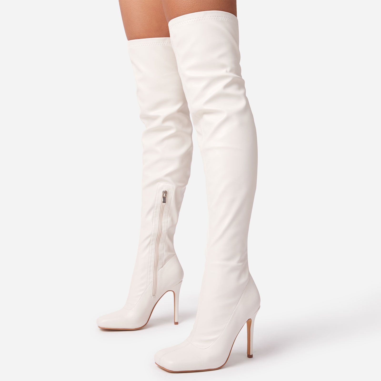 That-Glow Square Toe Stiletto Heel Over The Knee Thigh High Long Boot In Cream Nude Faux Leather, Nude (EGO SHOES)