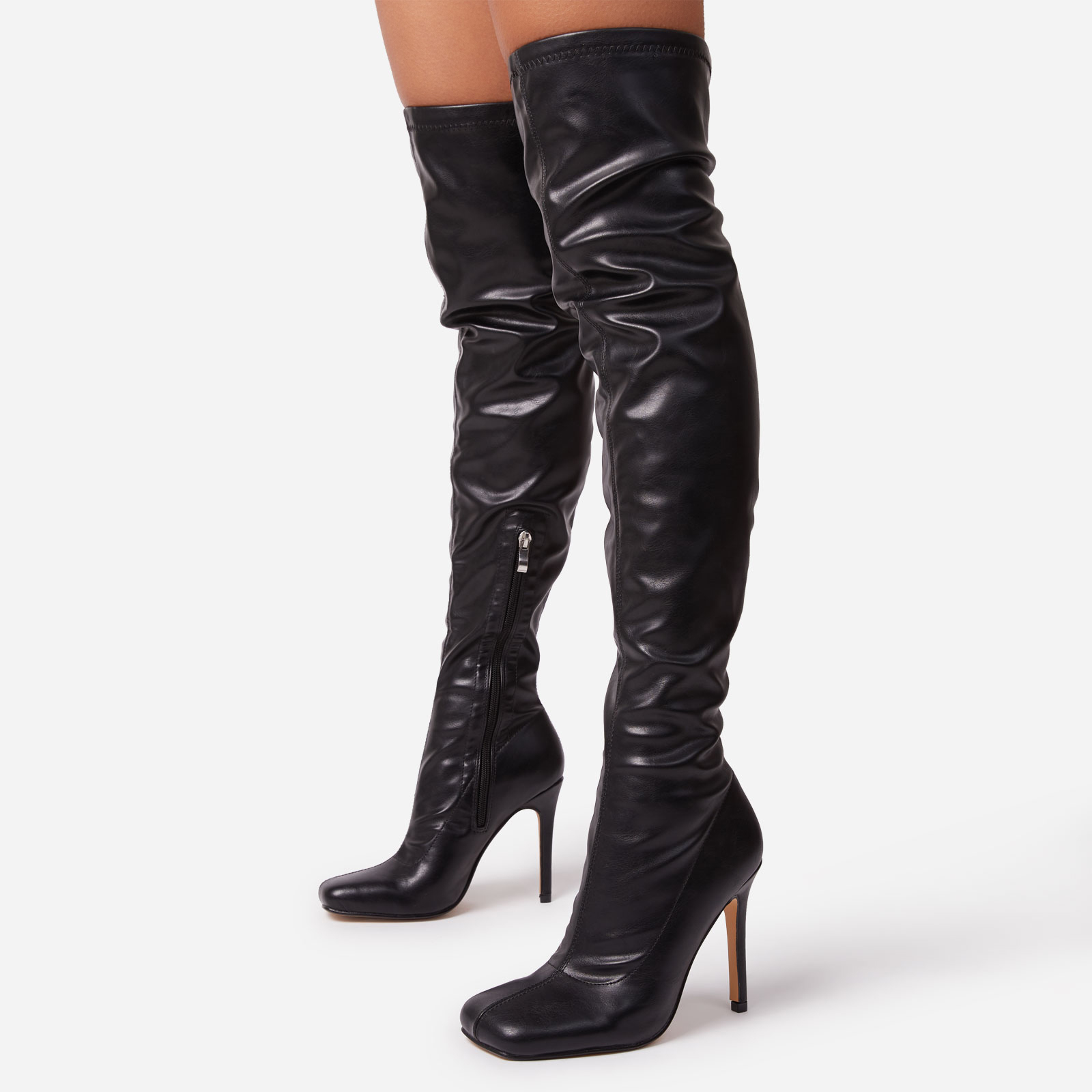 That-Glow Square Toe Stiletto Heel Over The Knee Thigh High Long Boot In Black Faux Leather, Black (EGO SHOES)