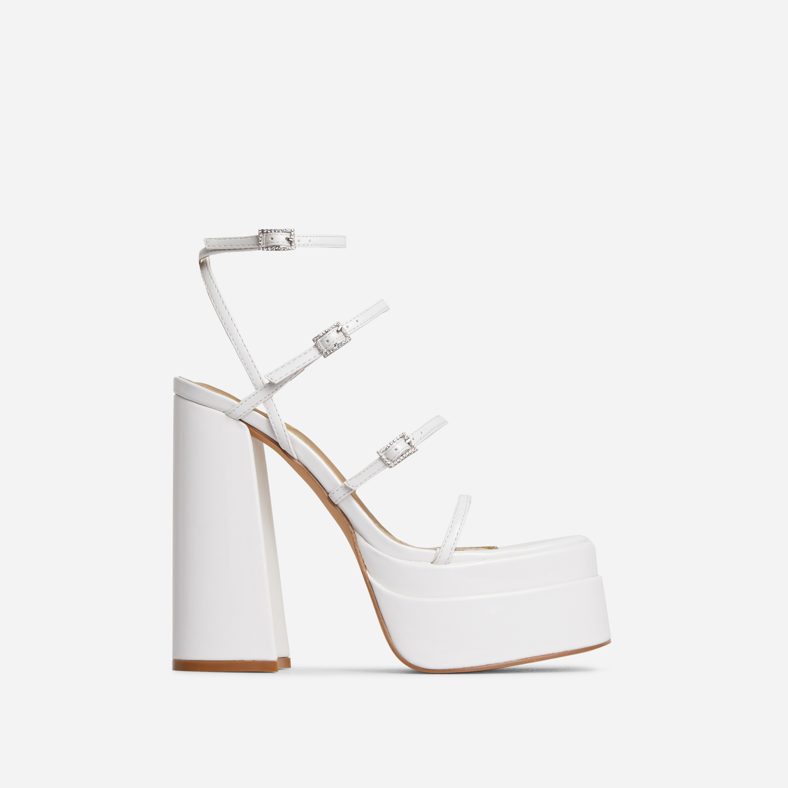 Mavery Strappy Diamante Buckle Square Toe Statement Platform Block Heel In White Patent, White (EGO SHOES)