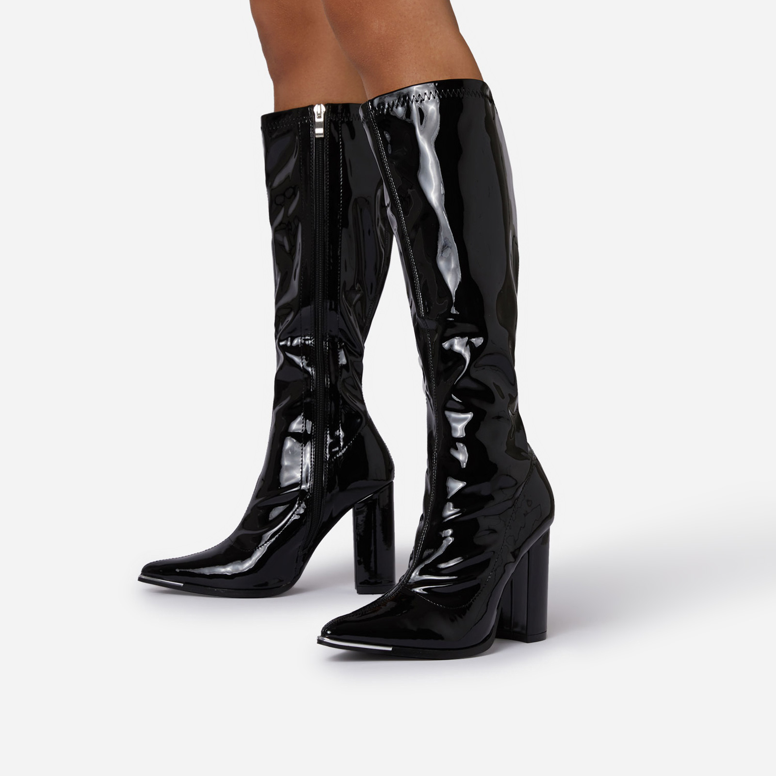 Flow Pointed Toe Block Heel Knee High Long Boot In Black Patent, Black (EGO SHOES)