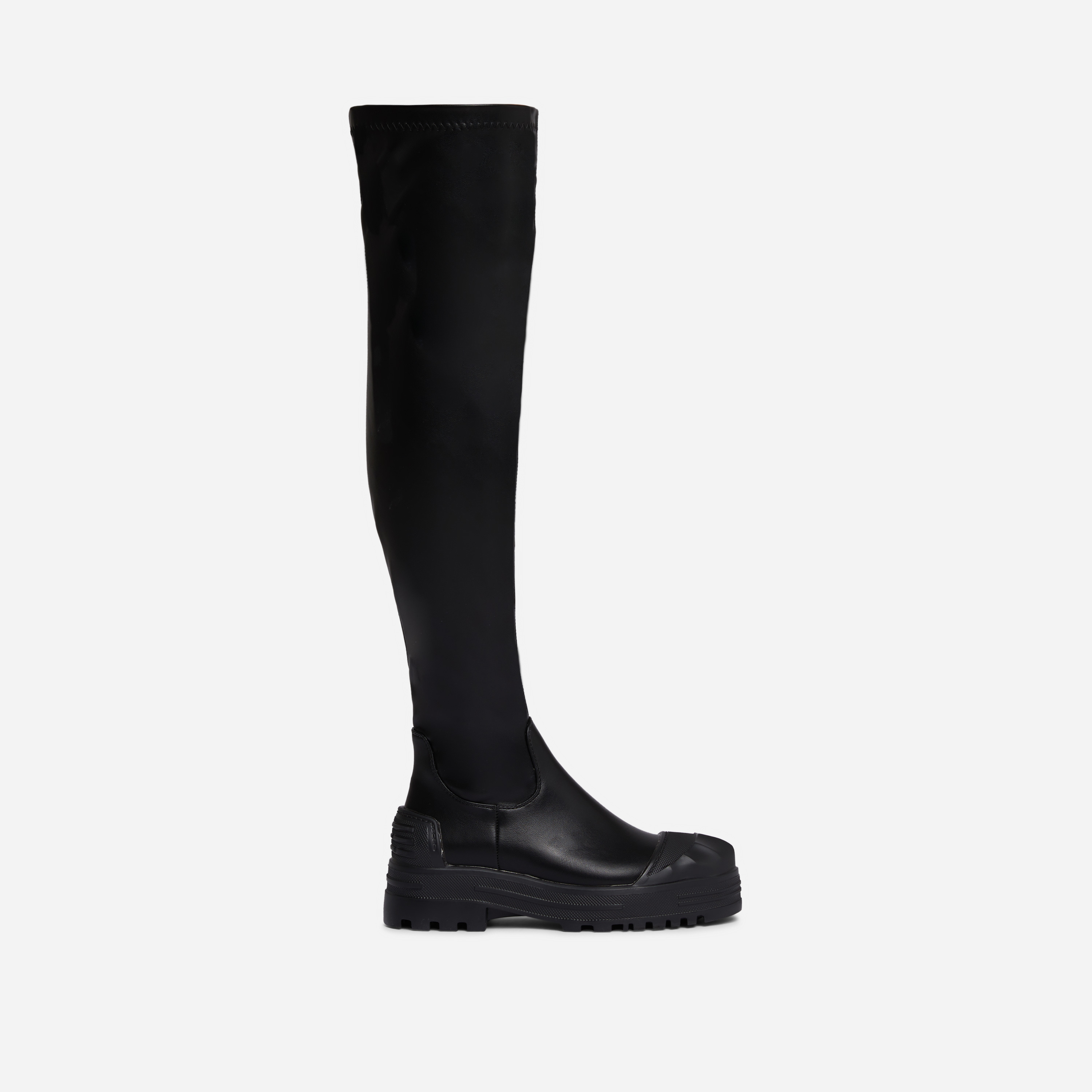 Game-Over Rubber Toe Chunky Over The Knee Thigh High Biker Boot In Black Faux Leather, Black (EGO SHOES)