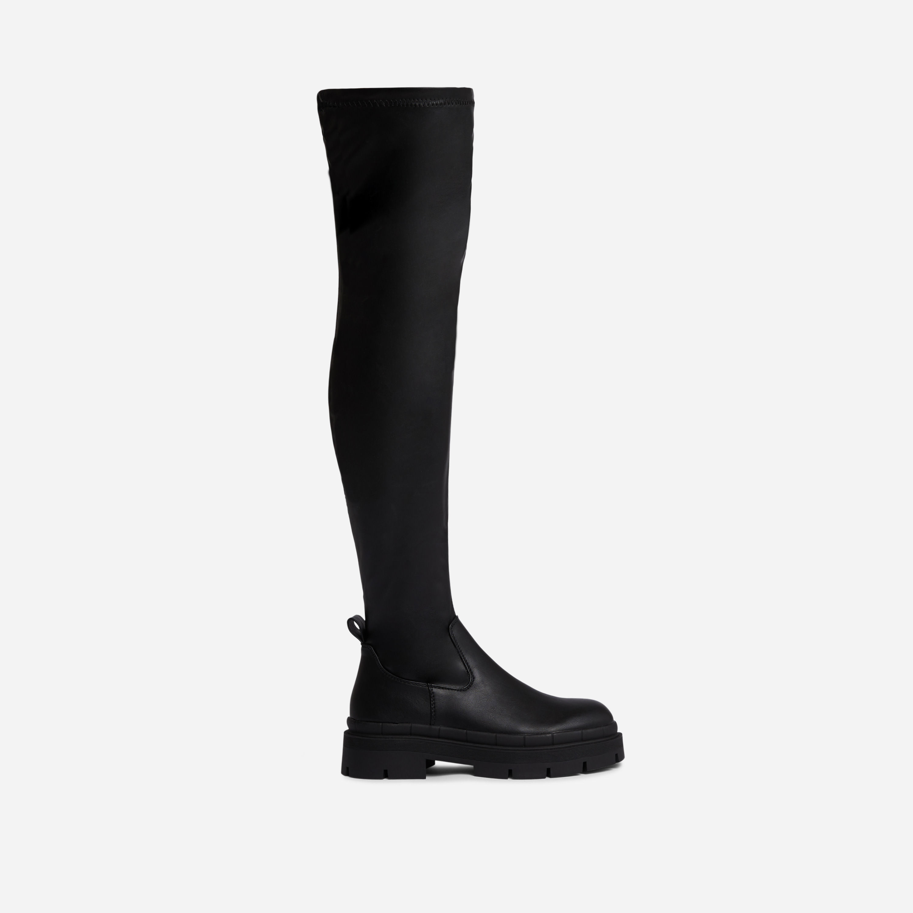 Island Chunky Sole Over The Knee Thigh High Biker Boot In Black Faux Leather, Black (EGO SHOES)