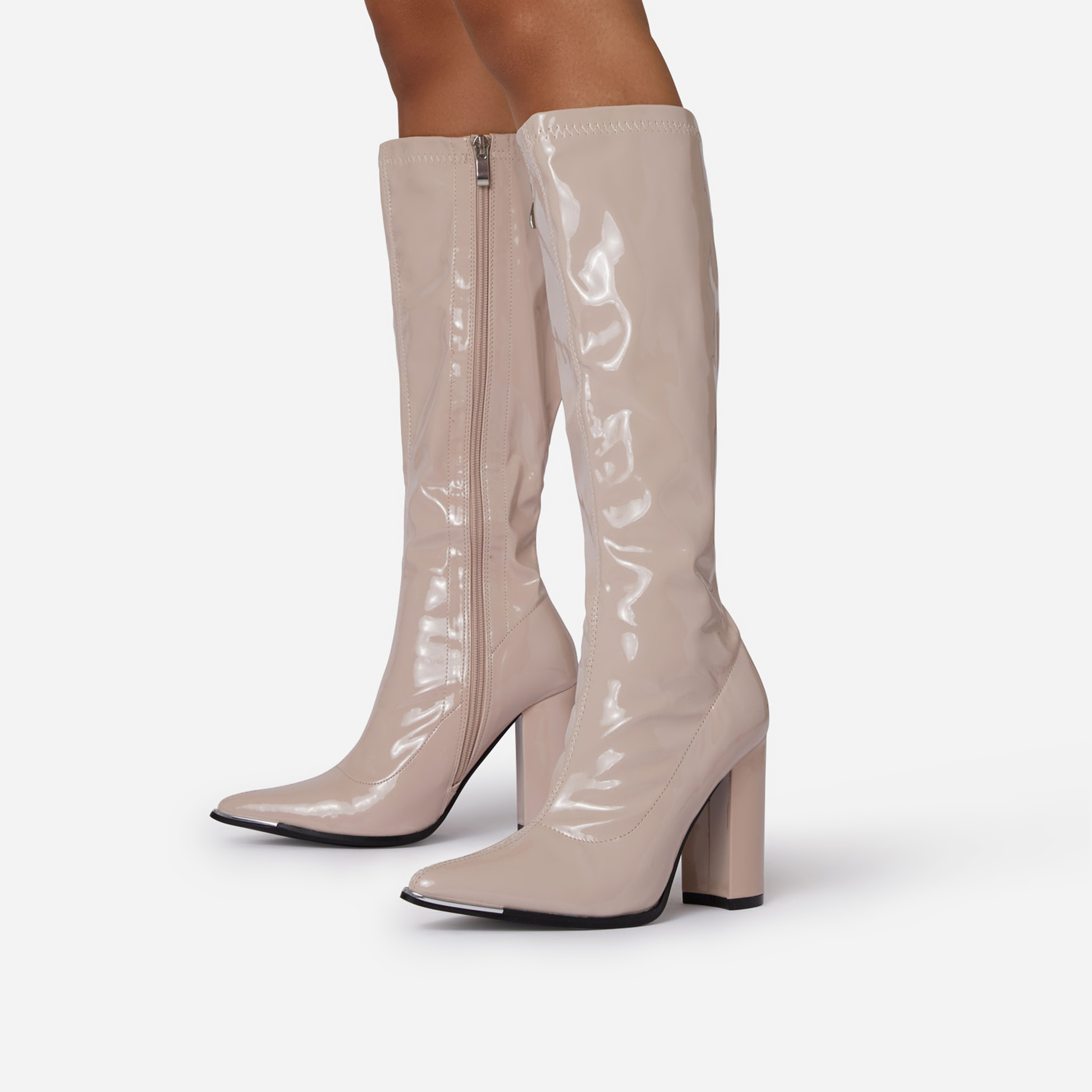 Flow Pointed Toe Block Heel Knee High Long Boot In Beige Nude Patent, Nude (EGO SHOES)