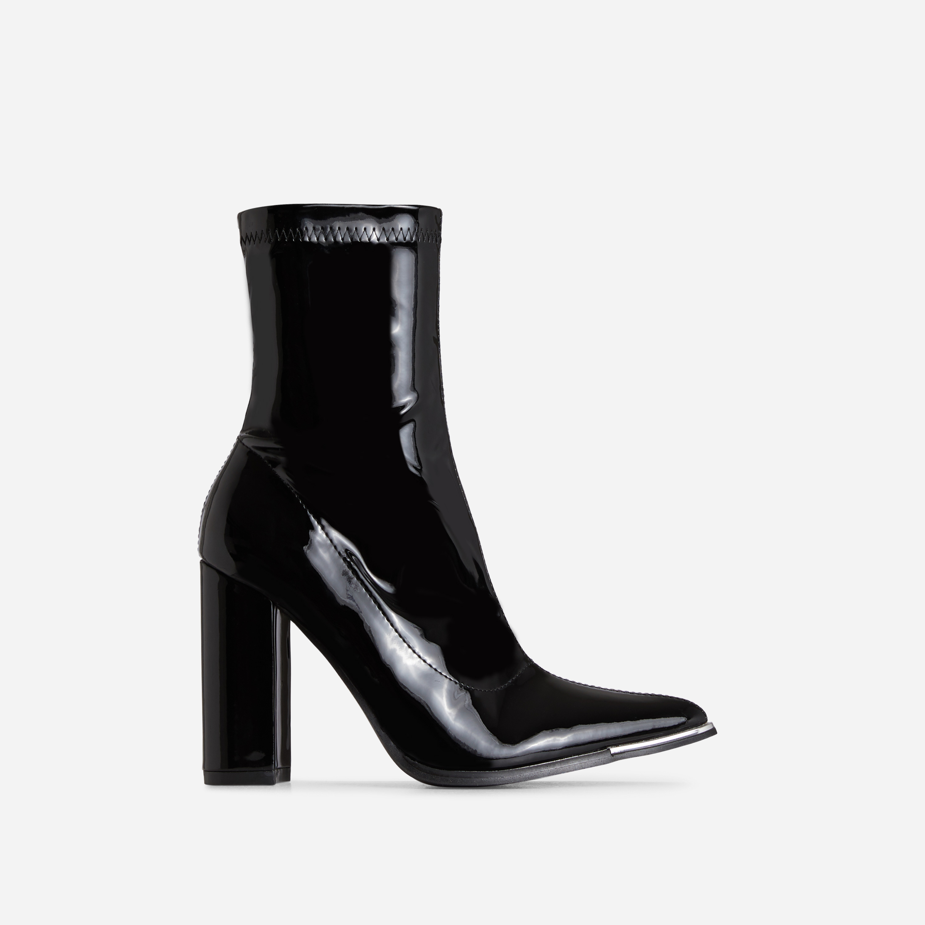 River Pointed Toe Block Heel Ankle Boot In Black Patent, Black (EGO SHOES)