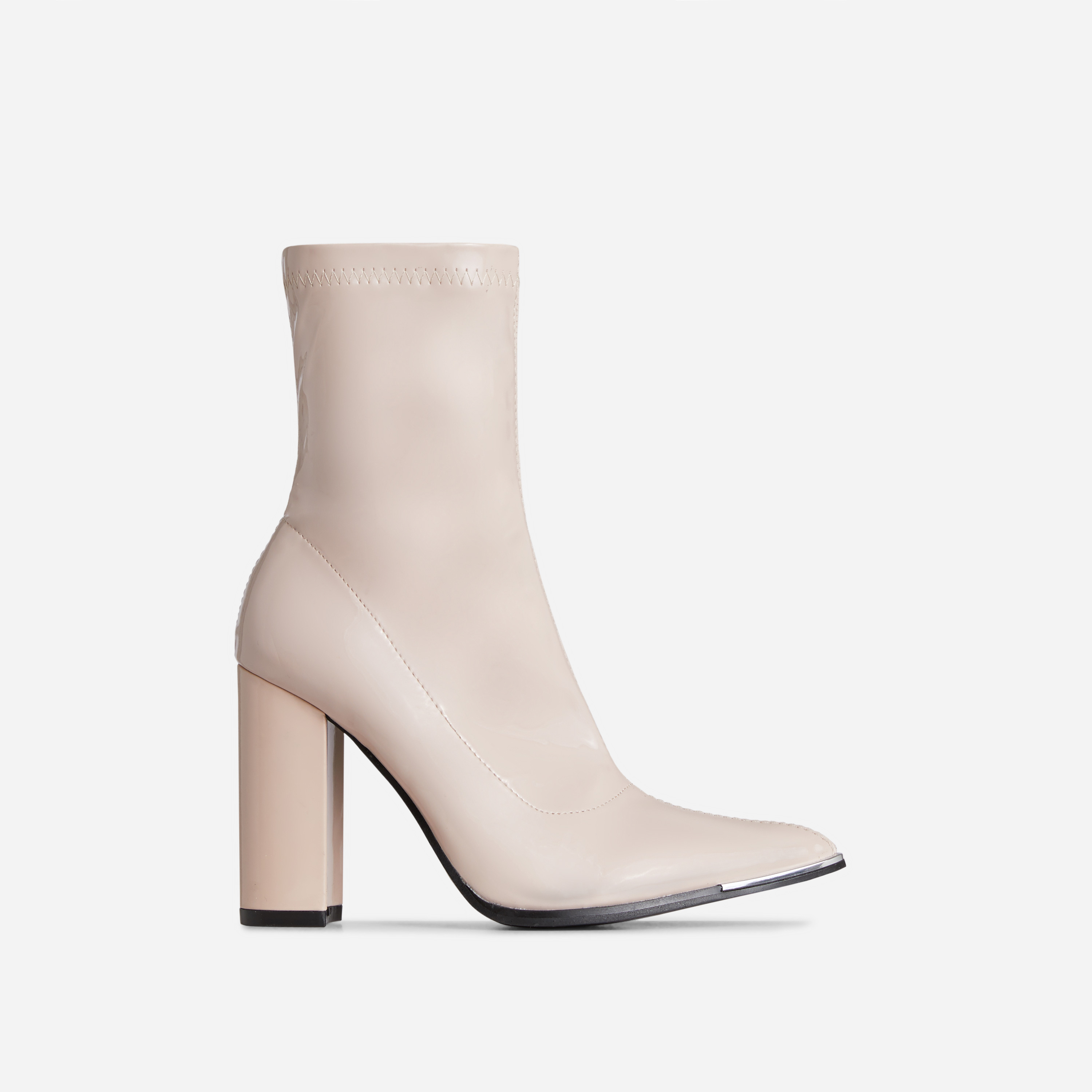 River Pointed Toe Block Heel Ankle Boot In Beiger Nude Patent, Nude (EGO SHOES)