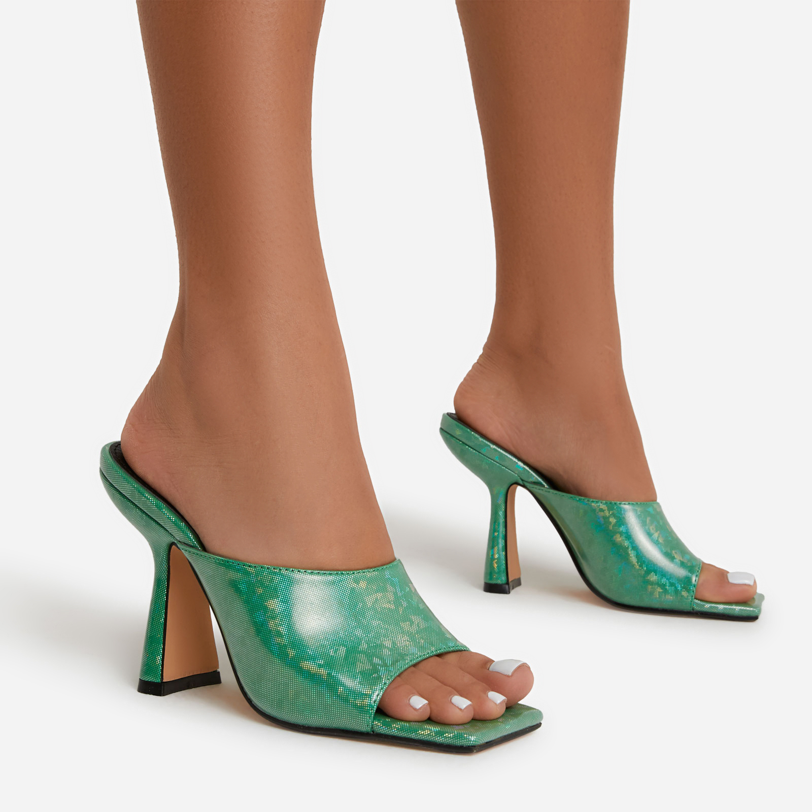 Lilo Square Peep Toe Heel Mule In Green Holographic Faux Leather, Green (EGO SHOES)