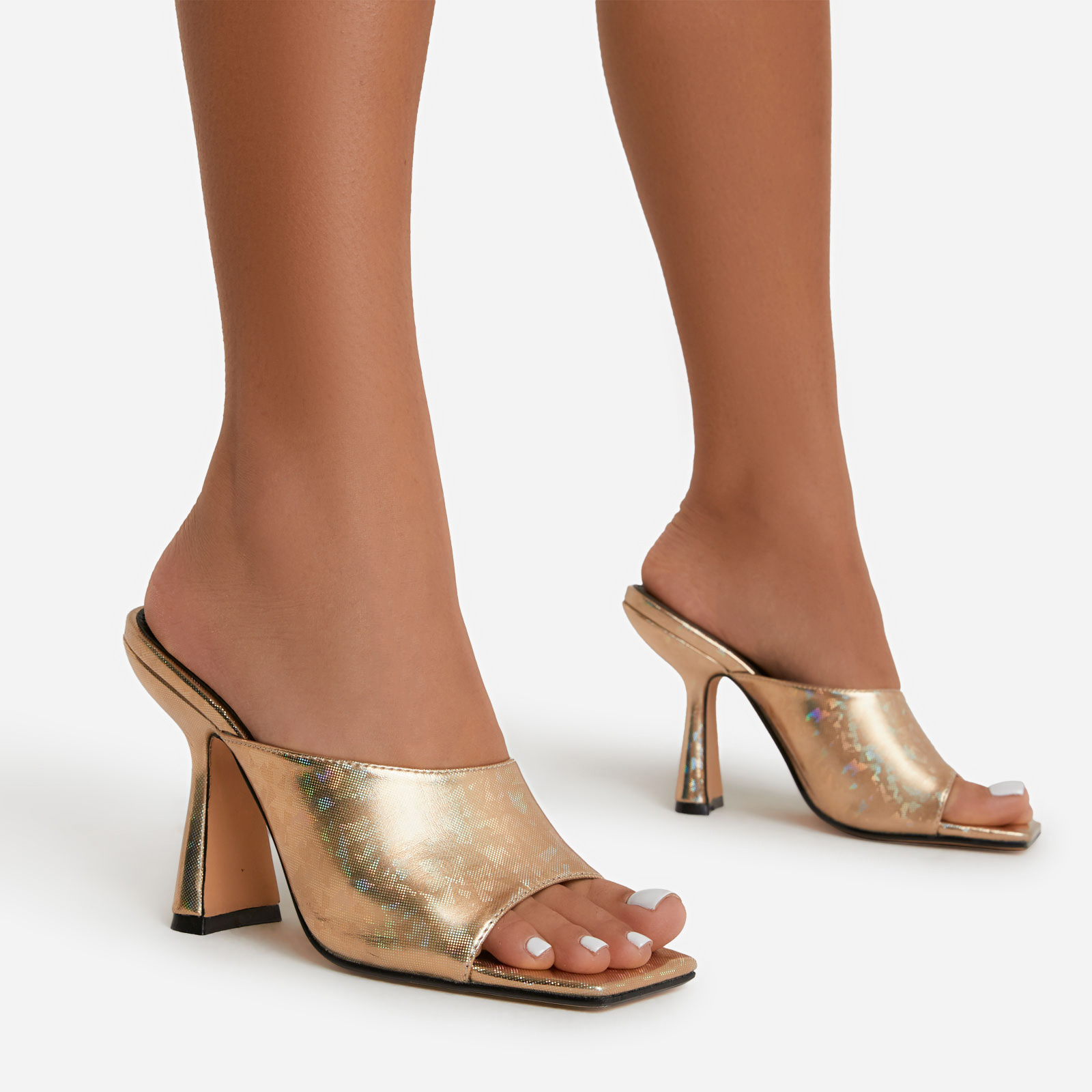 Lilo Square Peep Toe Heel Mule In Gold Holographic Faux Leather, Gold (EGO SHOES)