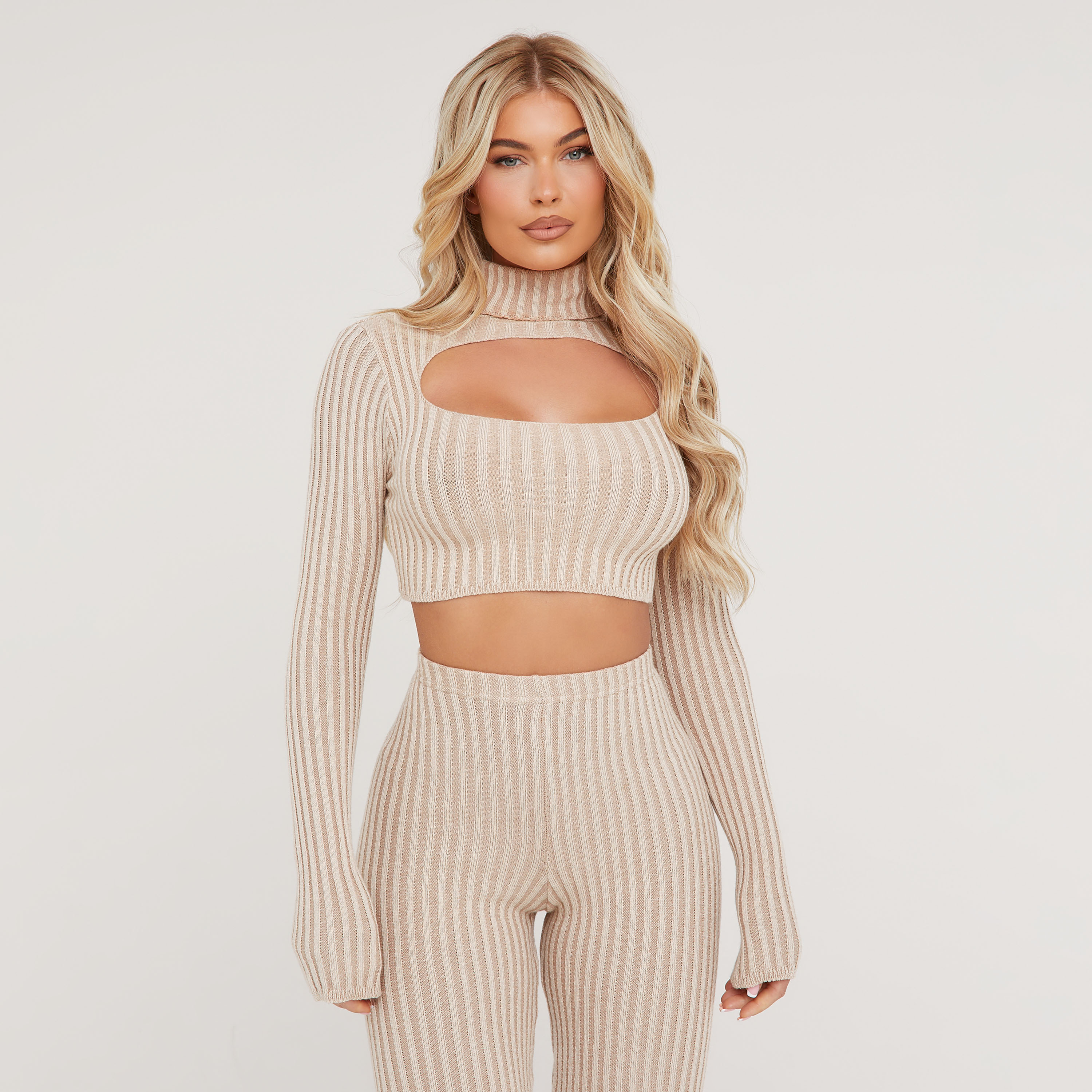 Long Sleeve Turtle Neck Cut Out Cropped Jumper In Stone And Cream