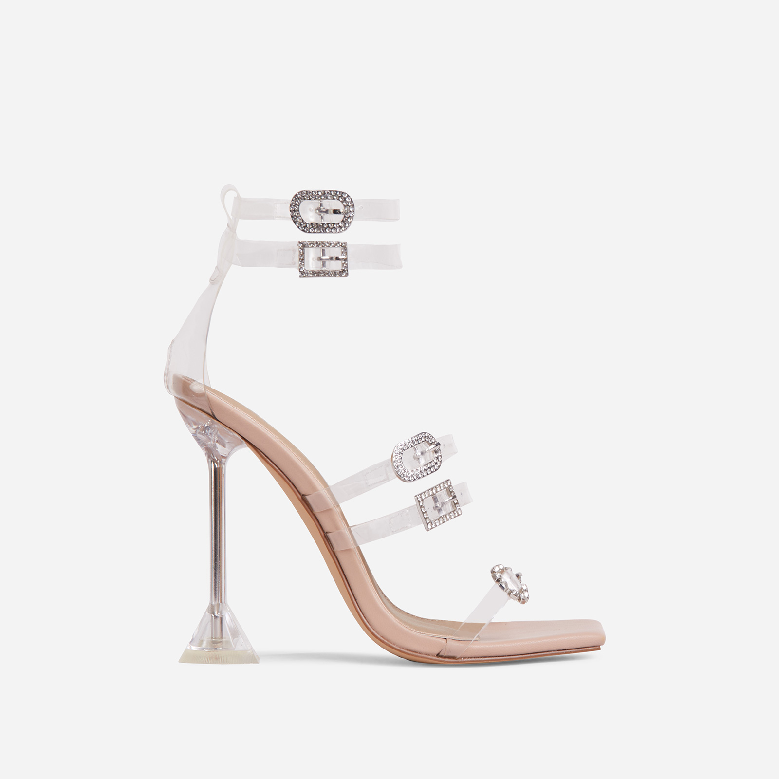 Ginny Diamante Buckle Strap Detail Square Toe Clear Perspex Sculptured Heel In Nude Faux Leather, Nude (EGO SHOES)