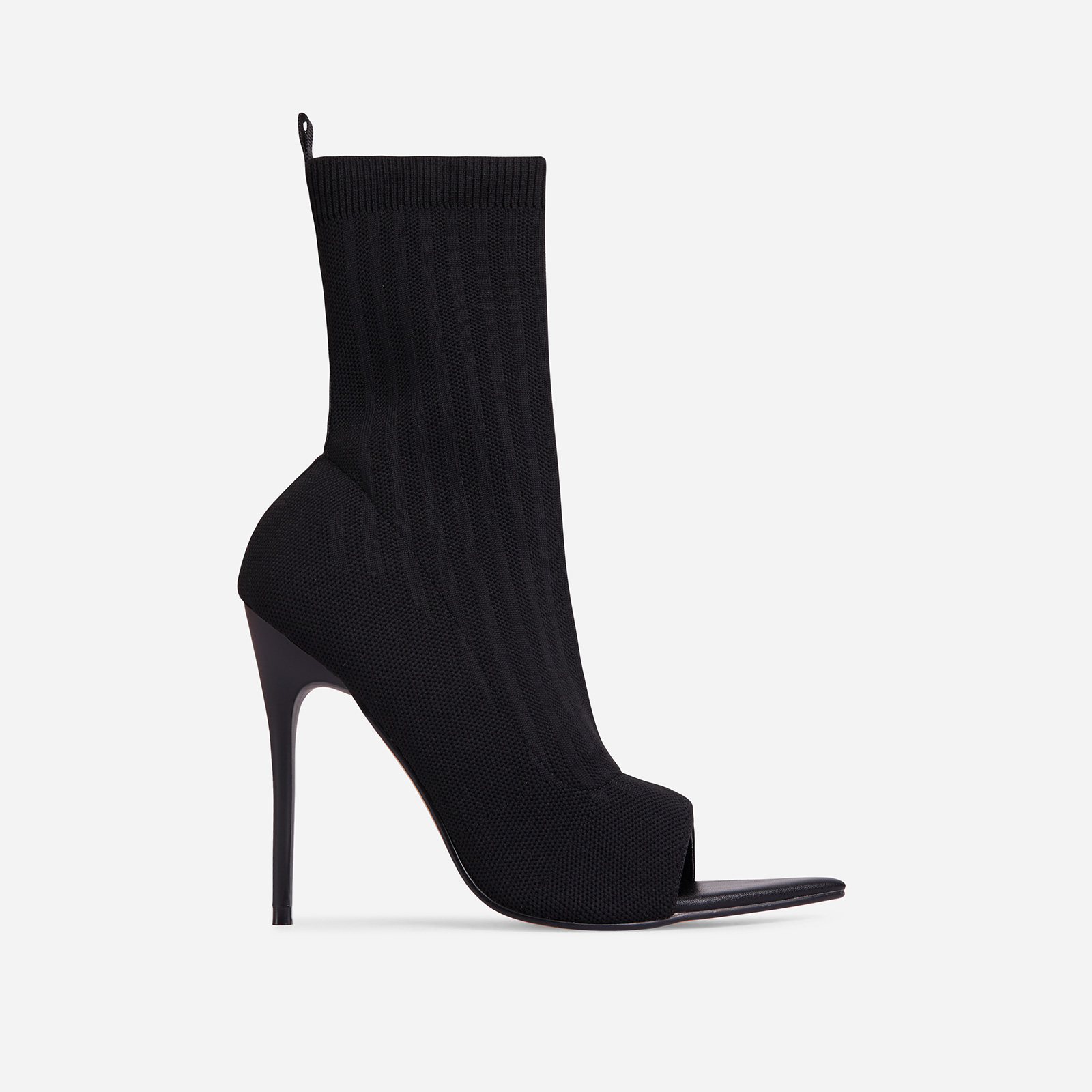 Lenya Pointed Peep Toe Heel Ankle Sock Boot In Black Knit, Black (EGO SHOES)