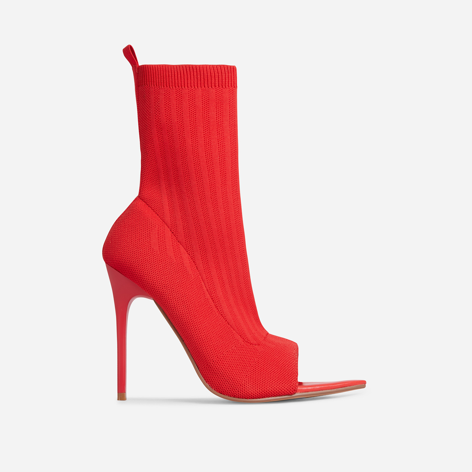 Lenya Pointed Peep Toe Heel Ankle Sock Boot In Red Knit, Red (EGO SHOES)