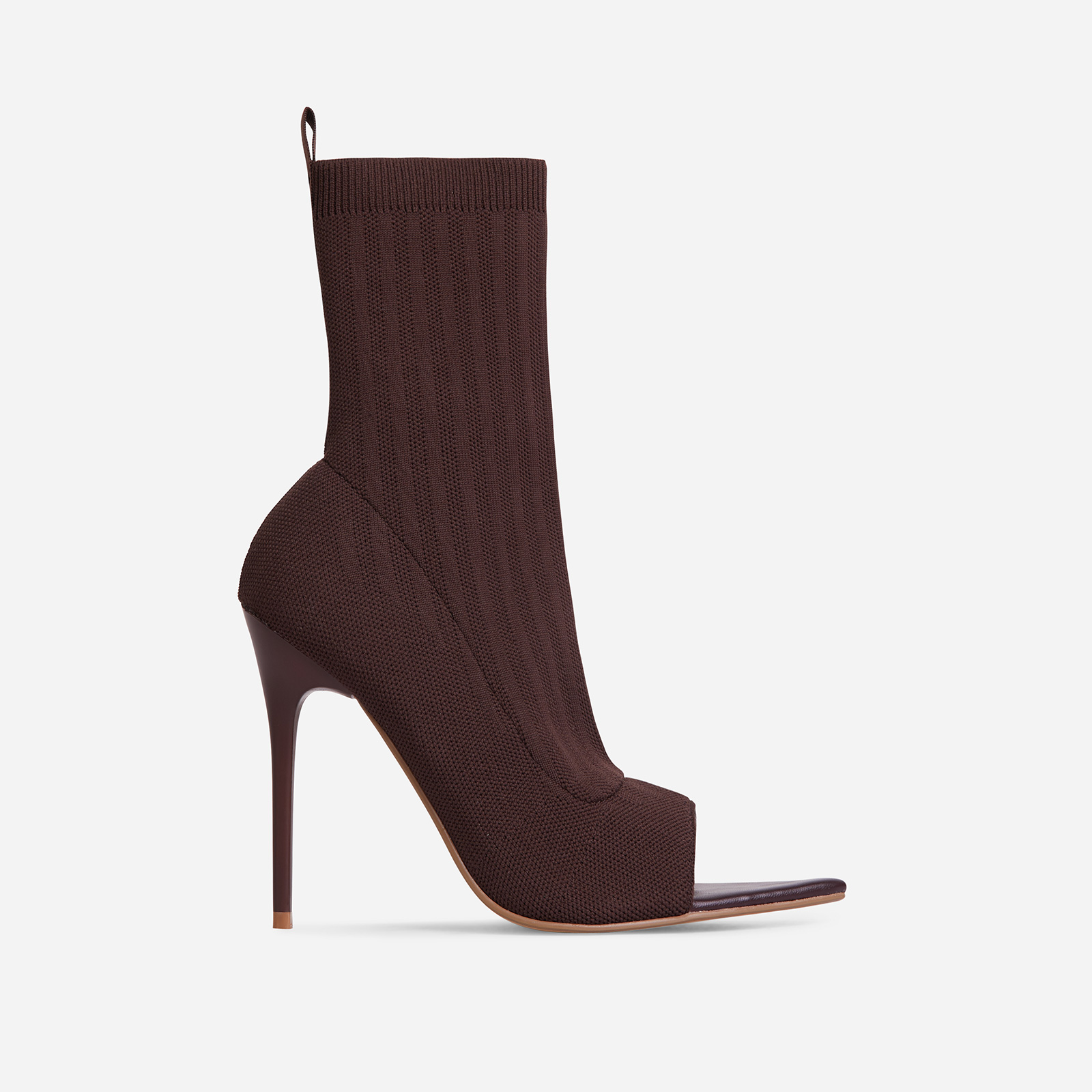 Lenya Pointed Peep Toe Heel Ankle Sock Boot In Dark Brown Knit, Brown (EGO SHOES)