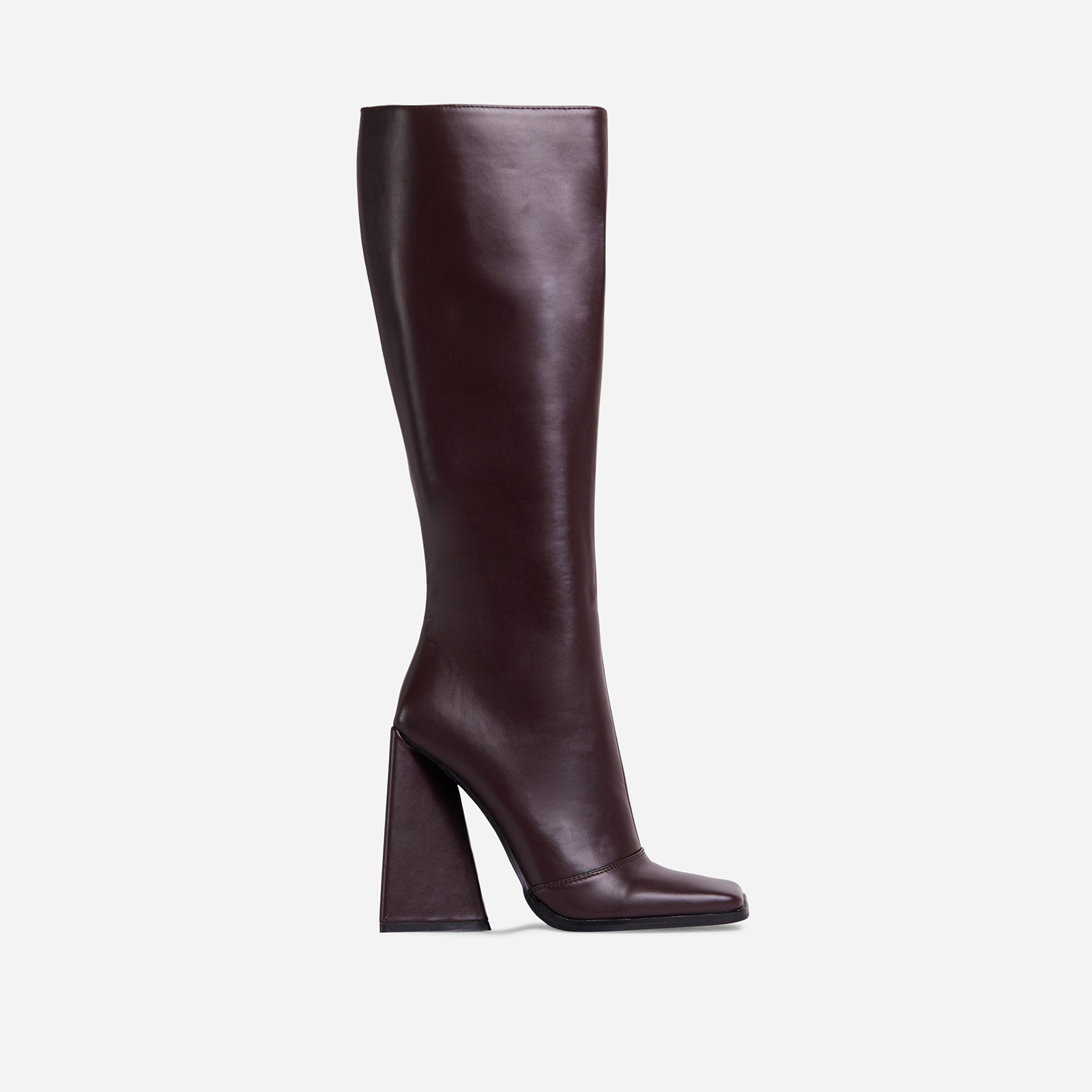 Big-Goals Square Toe Sculptured Block Heel Knee High Long Boot In Dark Brown Faux Leather, Brown (EGO SHOES)