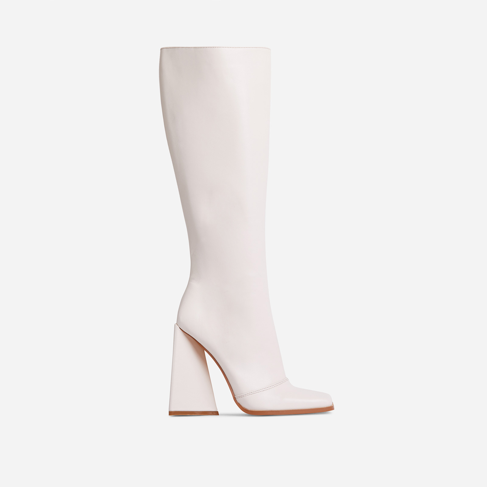 Big-Goals Square Toe Sculptured Block Heel Knee High Long Boot In Cream Nude Faux Leather, Nude (EGO SHOES)