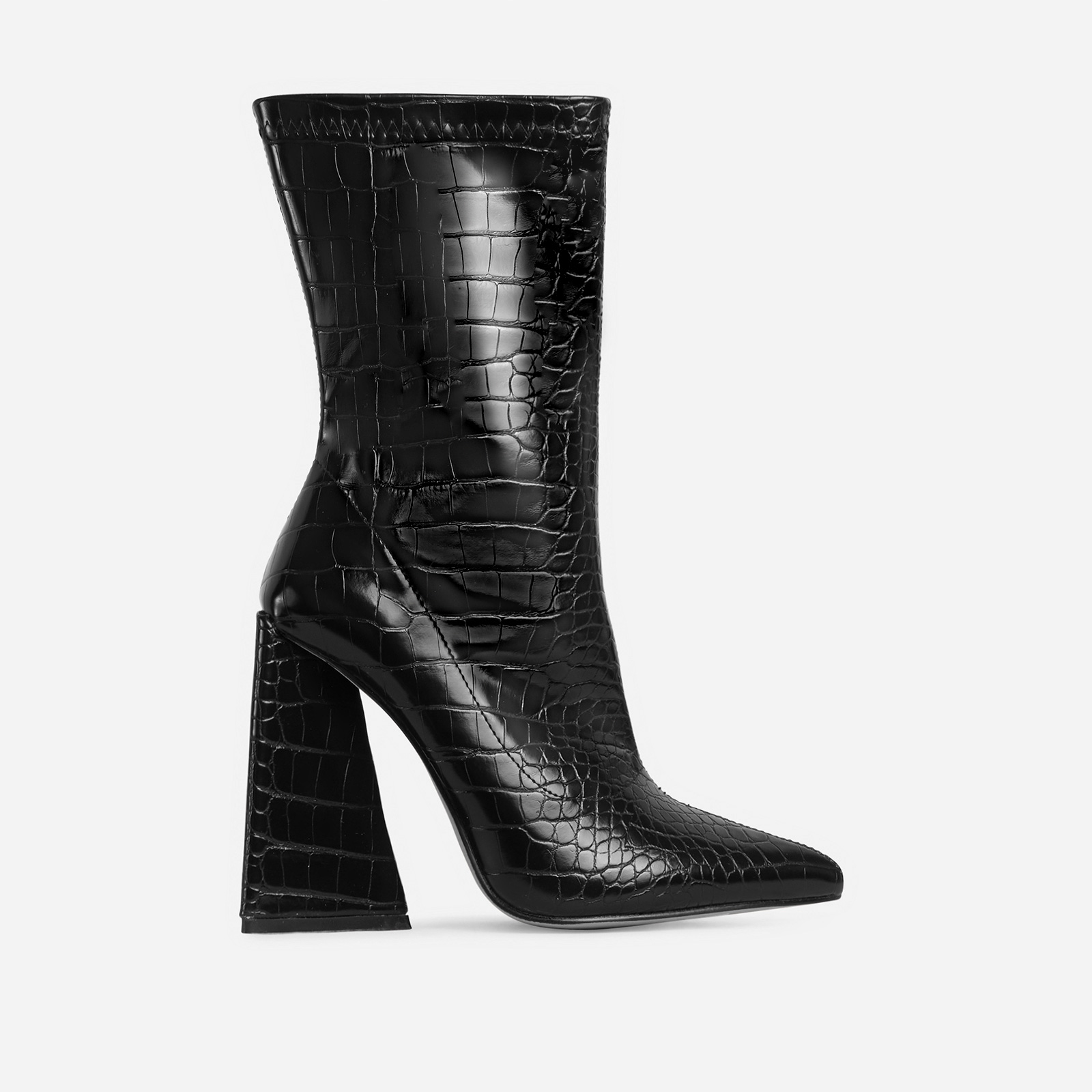 Global Pointed Toe Sculptured Block Heel Ankle Boot In Black Croc Print Faux Leather, Black (EGO SHOES)