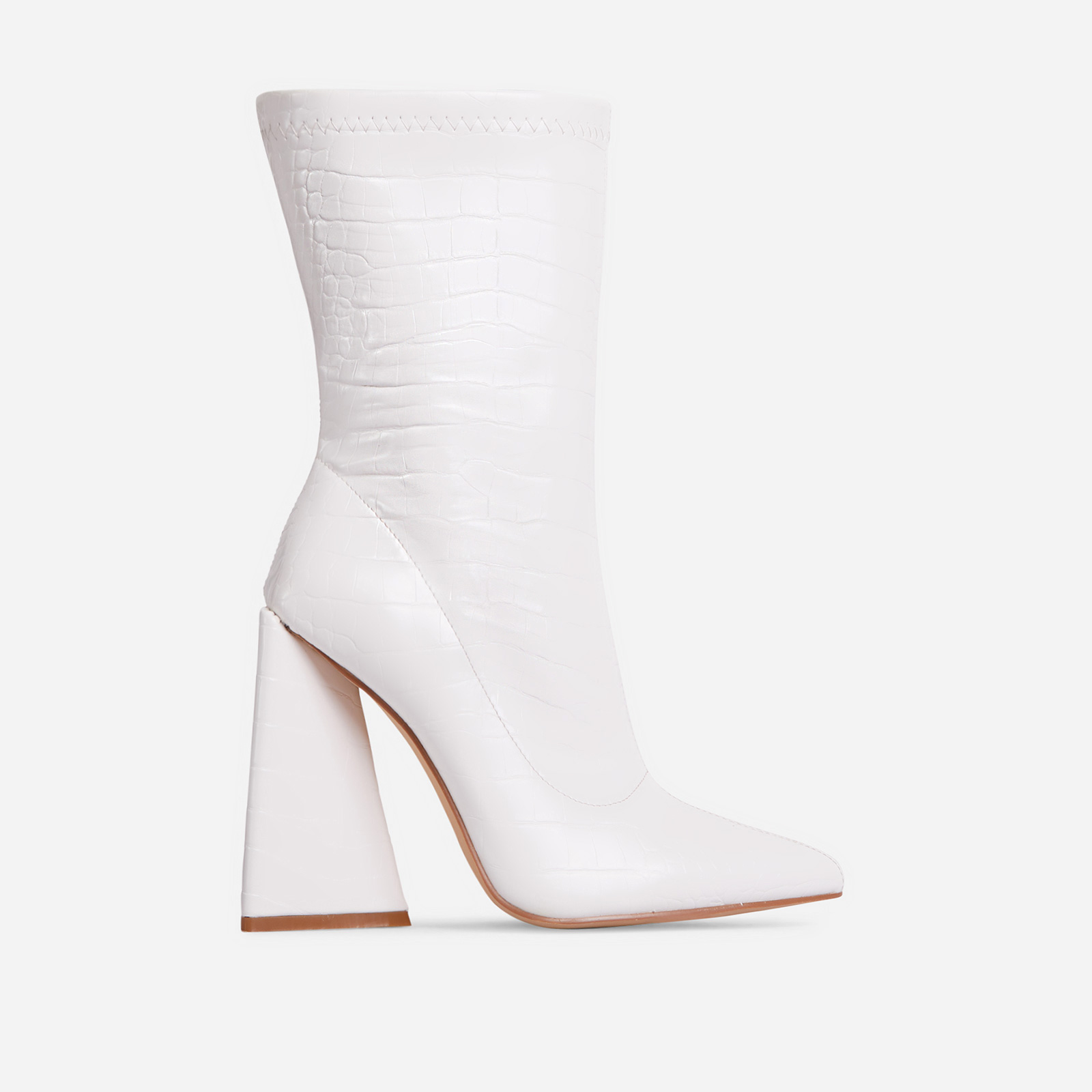 Global Pointed Toe Sculptured Block Heel Ankle Boot In White Croc Print Faux Leather, White (EGO SHOES)