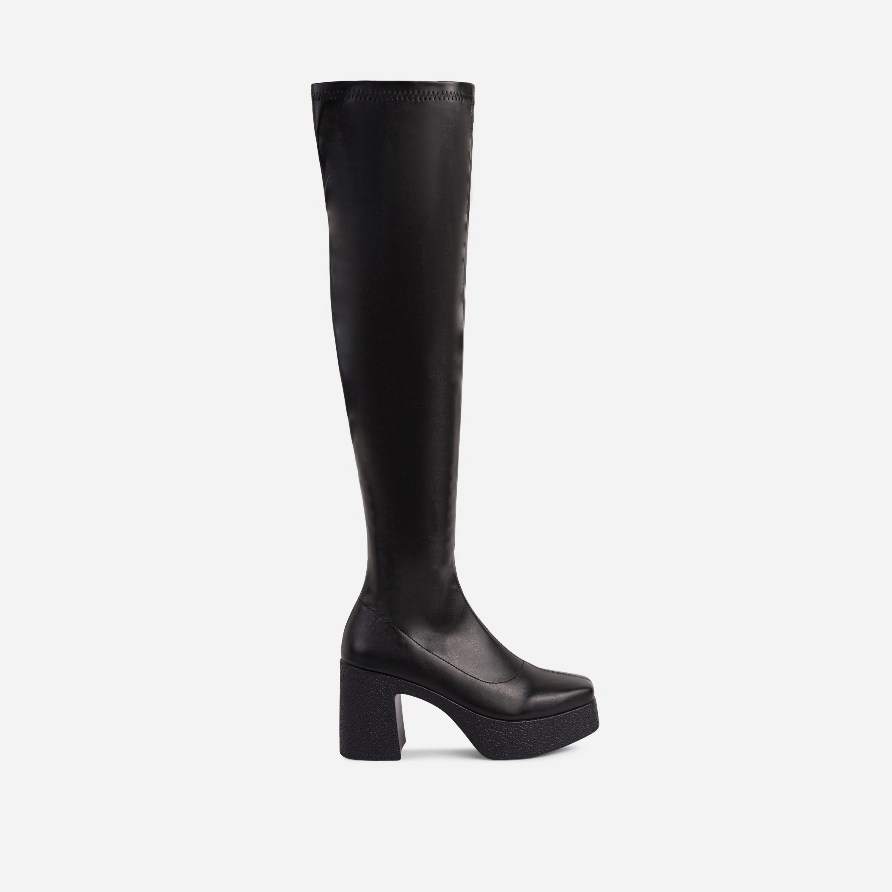 Nadia Platform Sole Block Heel Over The Knee Thigh High Long Boot In Black Faux Leather, Black (EGO SHOES)