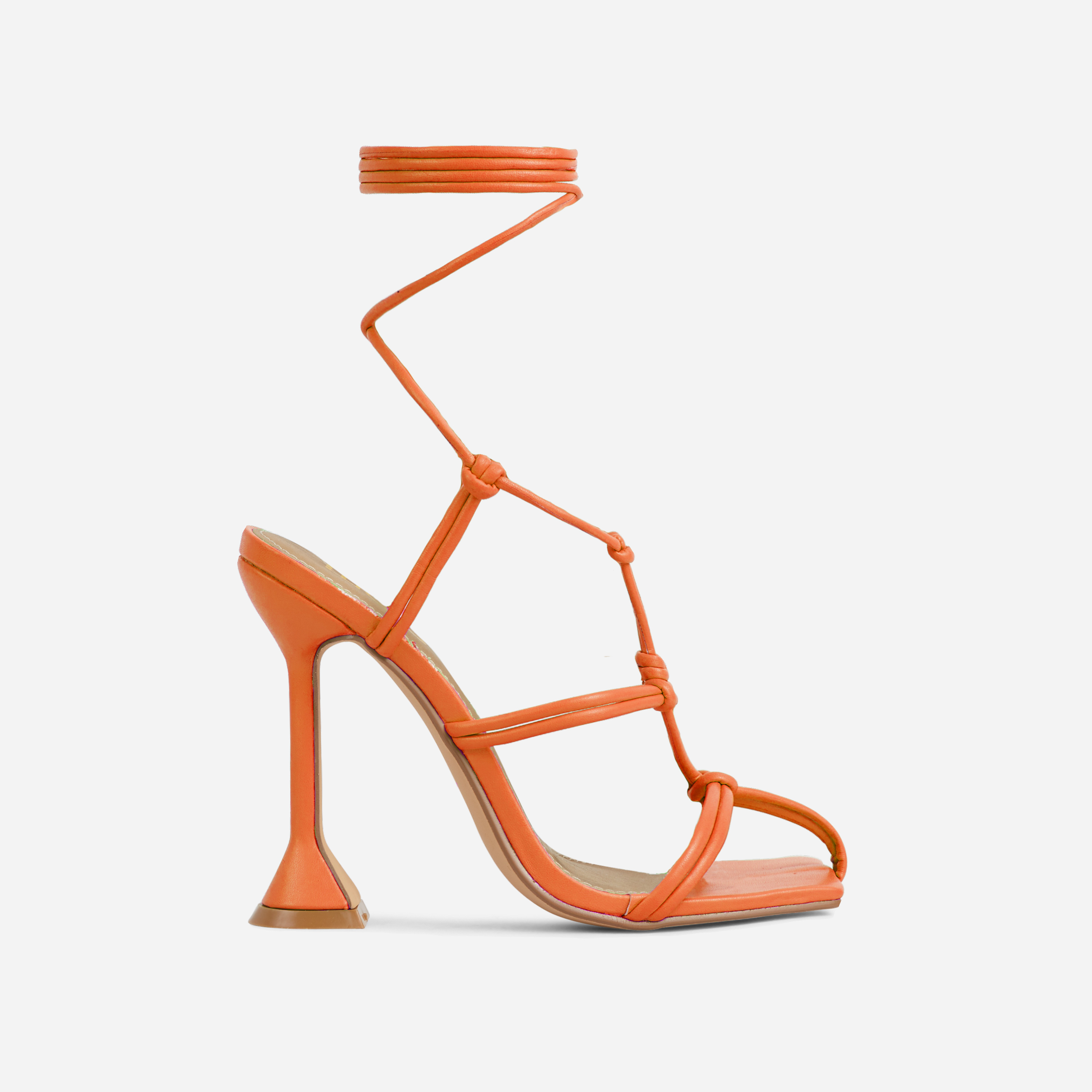 Zella Lace Up Knotted Detail Caged Square Toe Sculptured Heel In Orange Faux Leather, Orange (EGO SHOES)