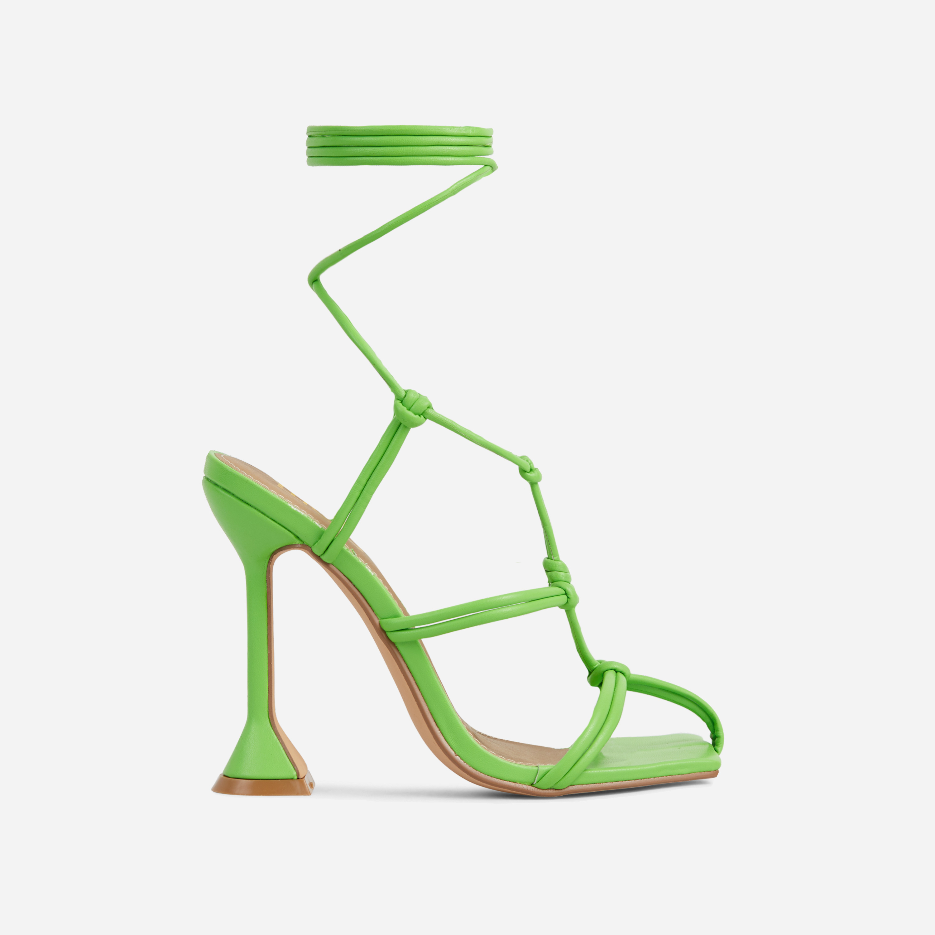 Zella Lace Up Knotted Detail Caged Square Toe Sculptured Heel In Green Faux Leather, Green (EGO SHOES)