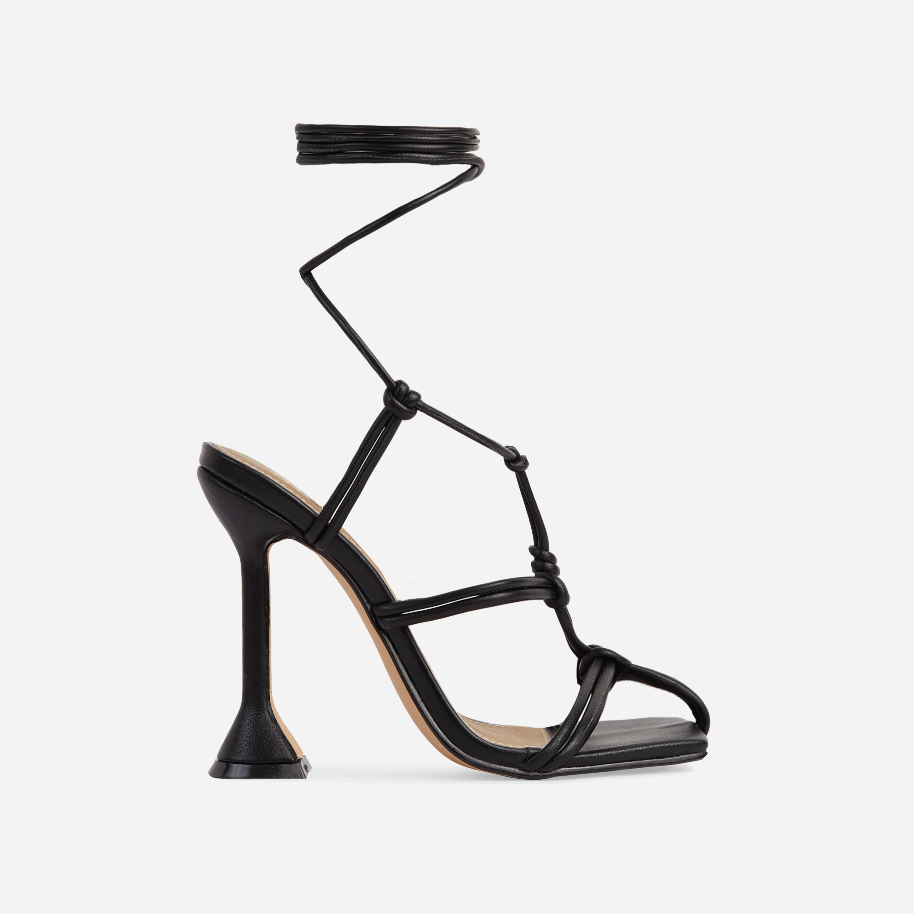 Zella Lace Up Knotted Detail Caged Square Toe Sculptured Heel In Black Faux Leather, Black (EGO SHOES)