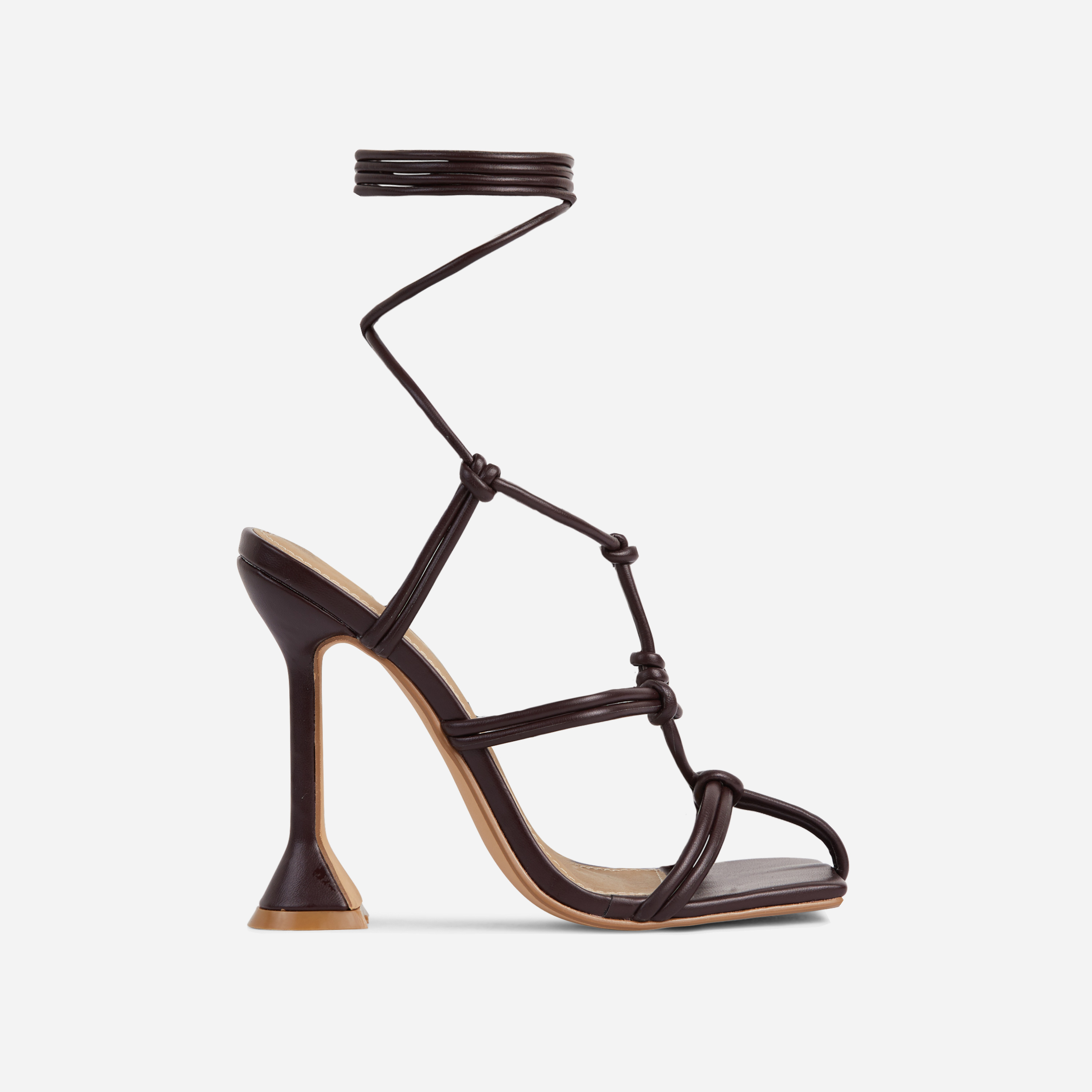 Zella Lace Up Knotted Detail Caged Square Toe Sculptured Heel In Dark Brown Faux Leather, Brown (EGO SHOES)