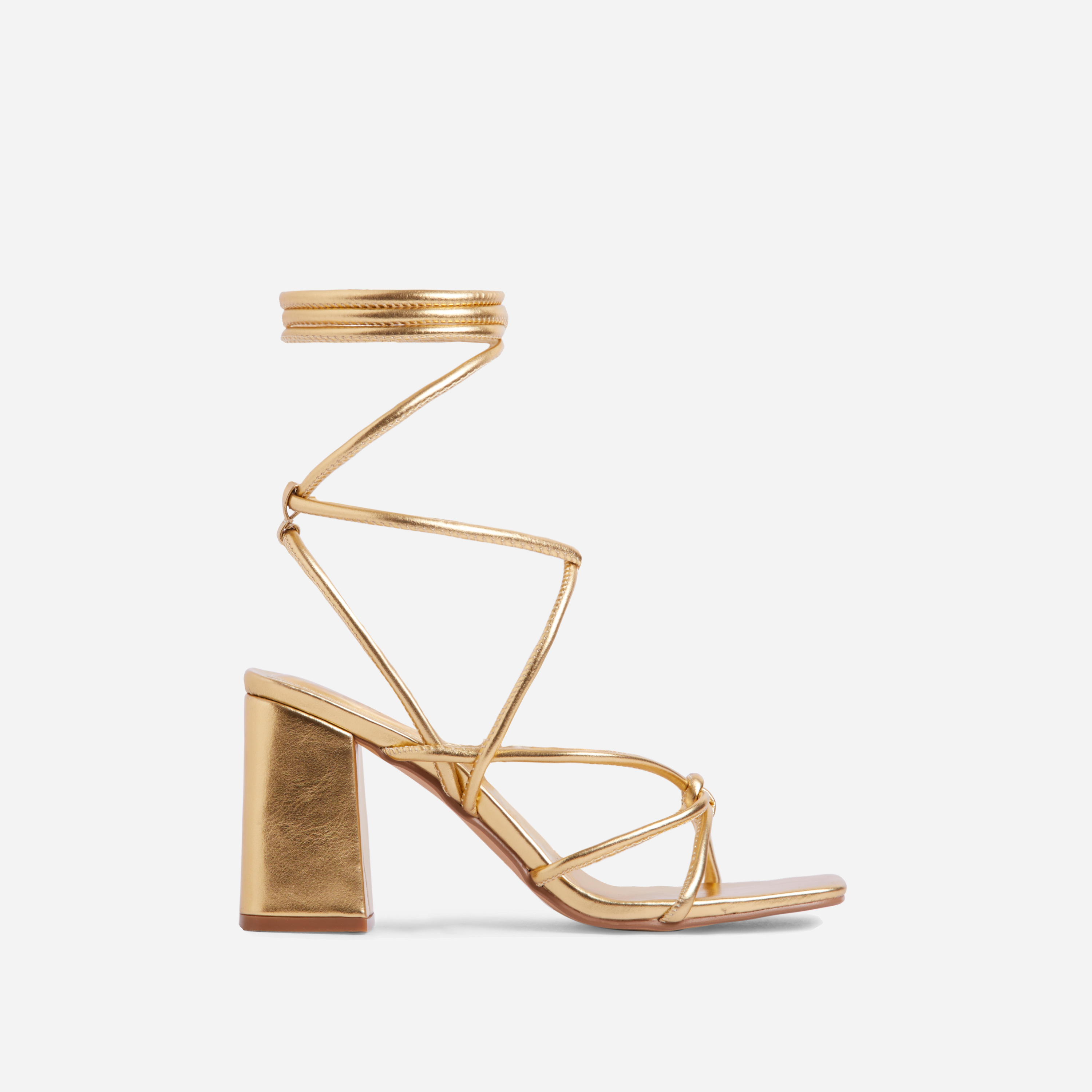 Ballerine Knotted Strappy Detail Lace Up Square Toe Block Heel In Gold Faux Leather, Gold (EGO SHOES)