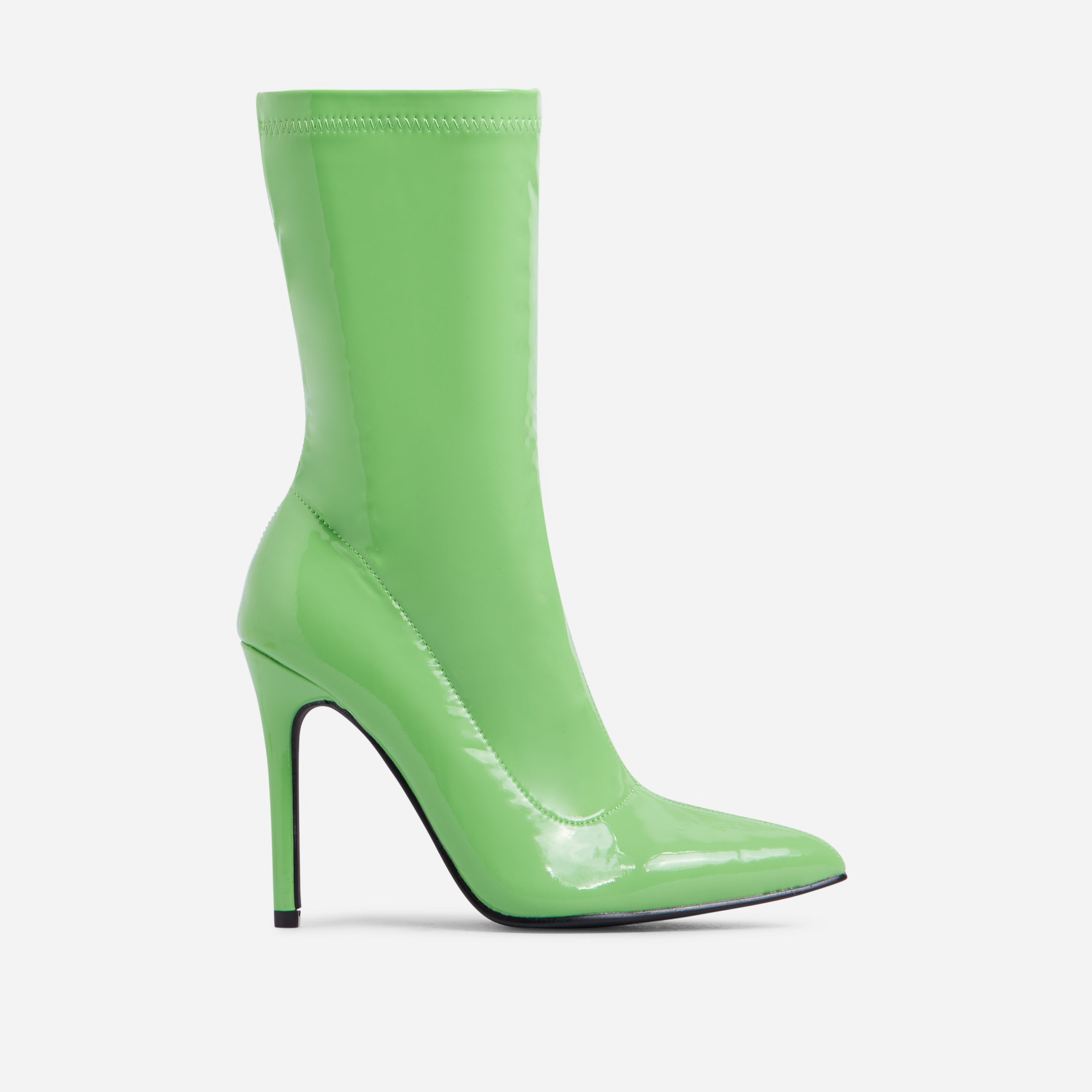 Etta Pointed Toe Stiletto Heel Ankle Sock Boot In Green Patent, Green (EGO SHOES)