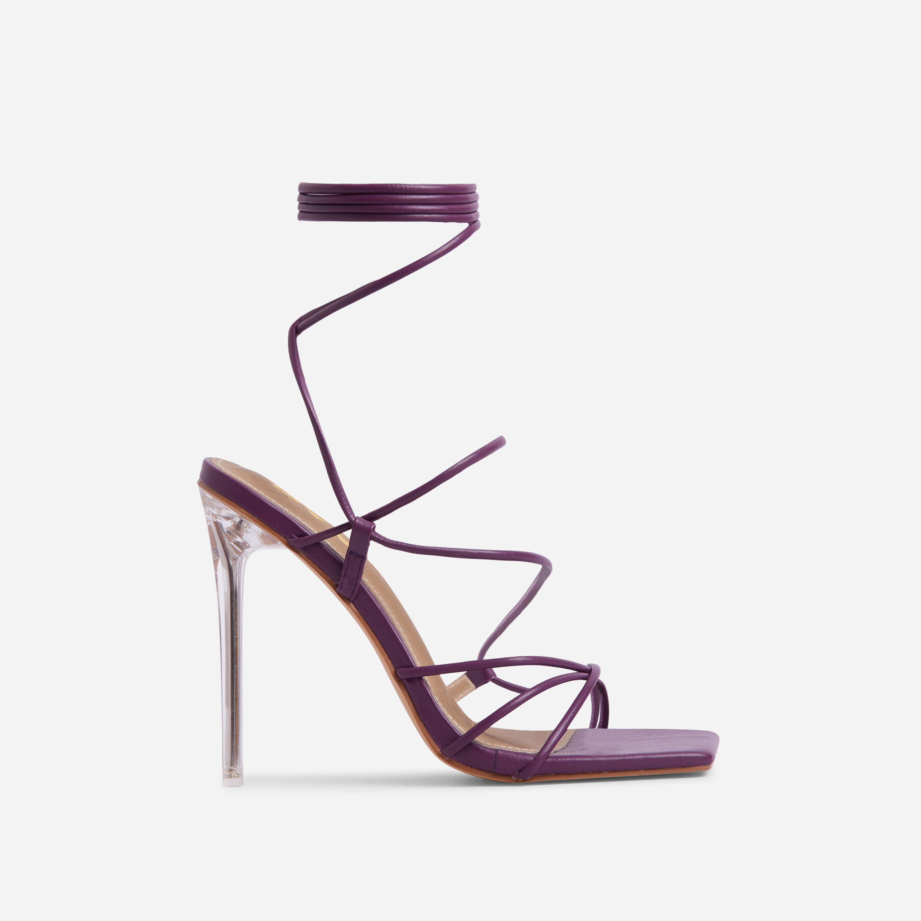 Sunbathe Square Toe Lace Up Clear Perspex Heel In Dark Purple Faux Leather, Purple (EGO SHOES)