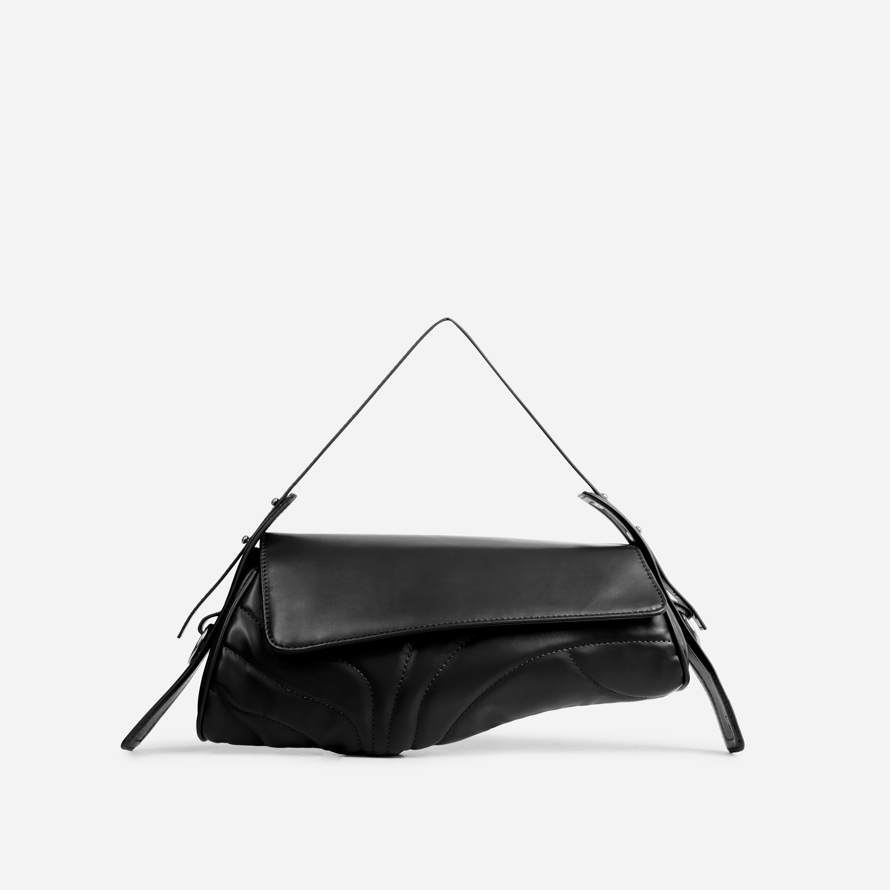 Mystic Stitched Detail Asymmetric Shaped Shoulder Bag In Black Faux Leather